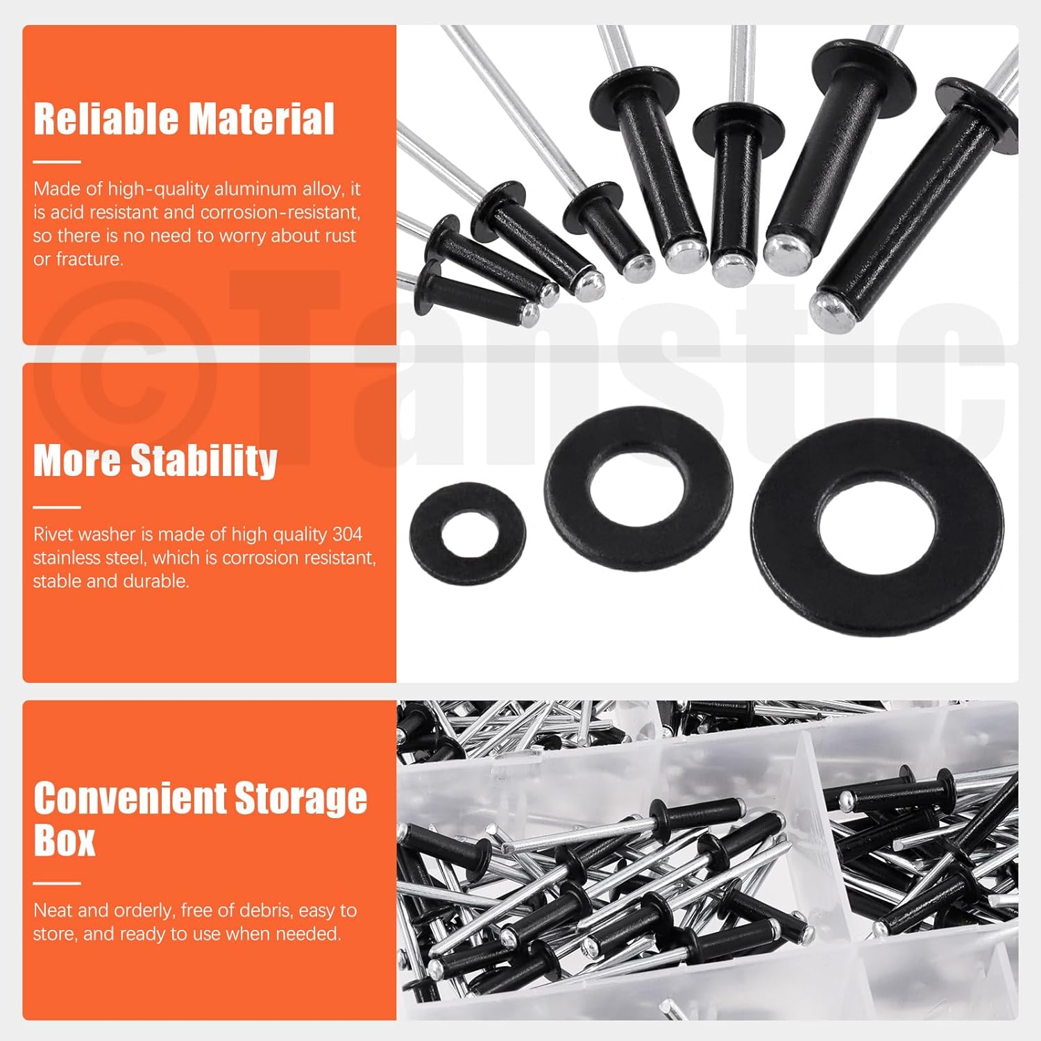 Fanstic 560Pcs Black Aluminum Pop Rivets Kit, 8 Size Blind Rivet Fasteners with 3 Size Backup Washers Assortment Kit for Aviation Automobile Furniture Use image number 6