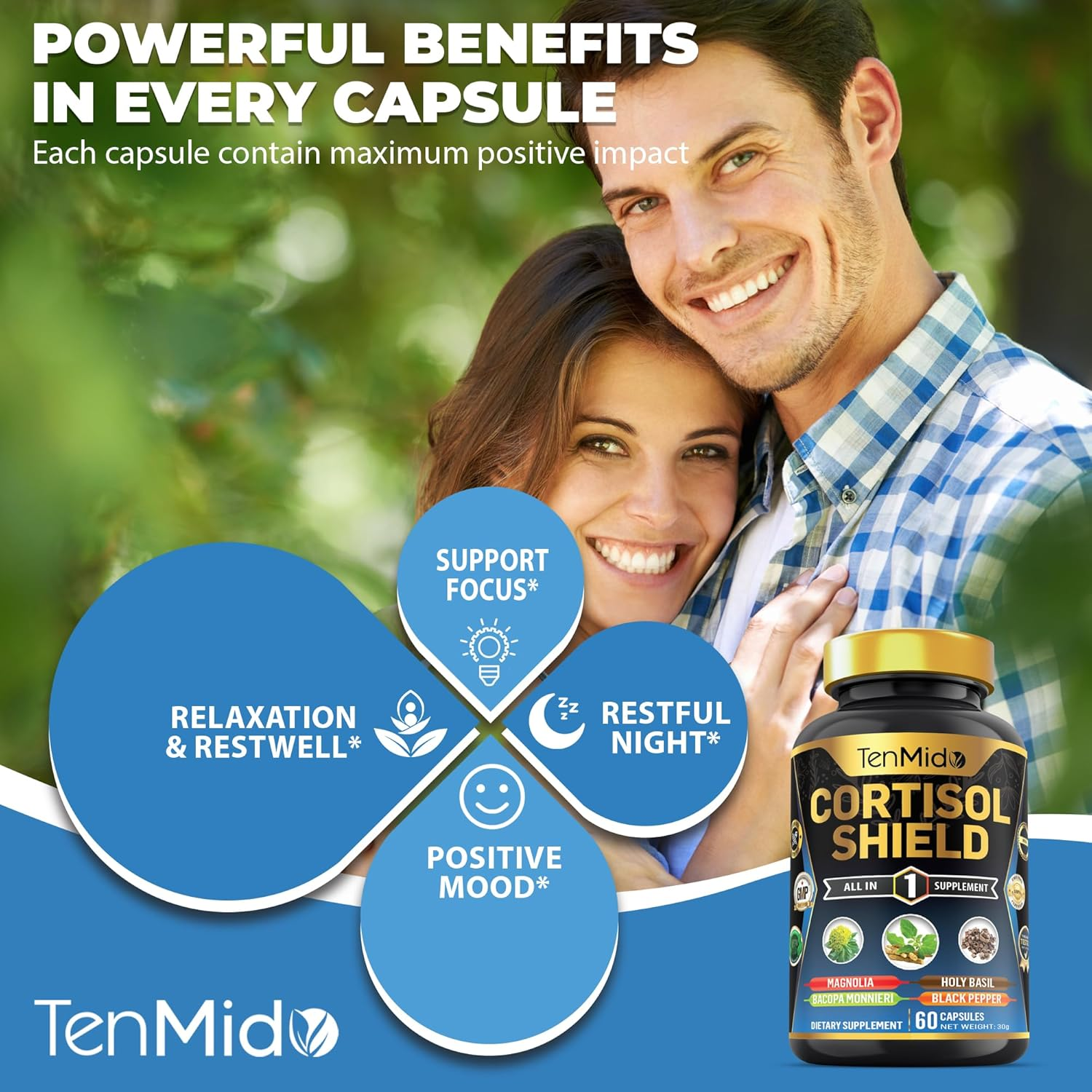 Cortisol Shield Supplement - 6In1 with Ashwagandha, Rhodiola Rosea, Magnolia, Bacopa, Holy Basil & Black Pepper - 60 Vegan & Non-Gmo Capsules