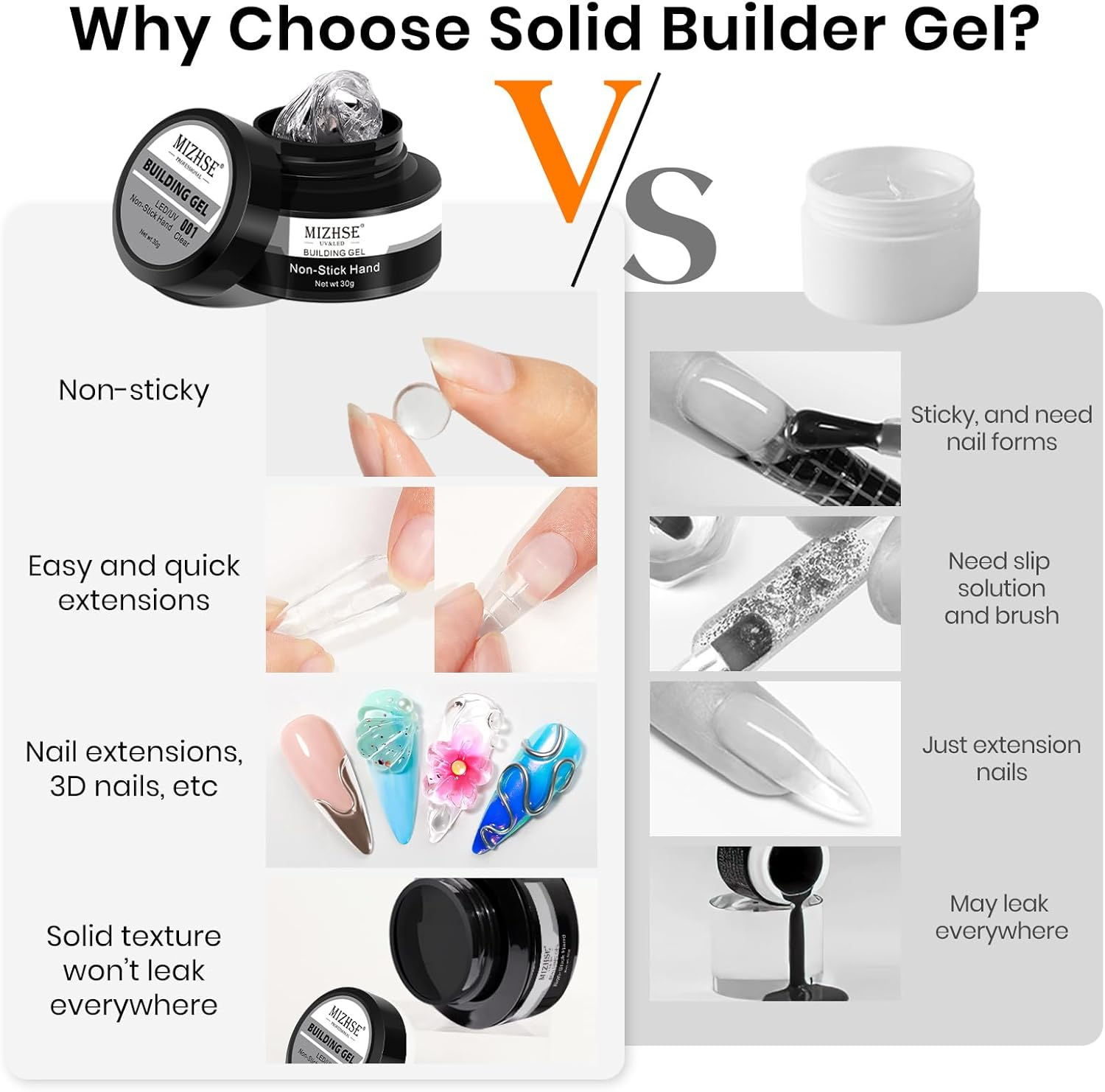 MIZHSE 30G Solid Builder Gel for Nail and 15G 3D Nail Gel, Clear Hard Gels for Nails Sculpting Gels for Nails Art Soak off U V LED Salon Home DIY Woman - A-30G Solid Builder Gel +Nail Chrome Powder image number 7