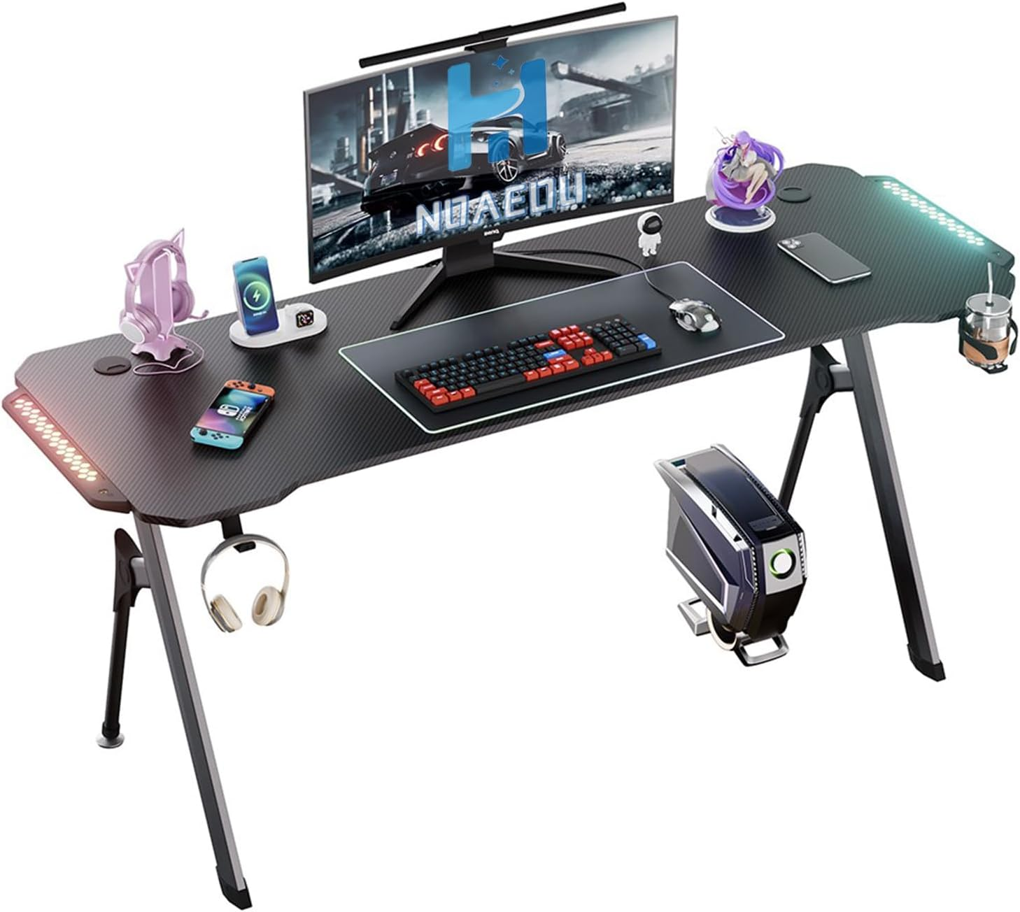 Gaming Desk Computer Desk: 160Cm LED RGB Light Home Desk Study Desk with Carbon Fiber Surface Video Game Table with Cable Management Box, Cup Holder, Headphone Hook and Mouse Pad (TD-02)