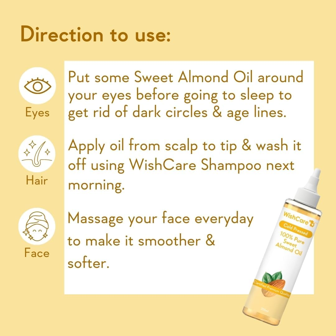 Wishcare&reg; Pure Cold Pressed Sweet Almond Oil for Hair Growth and Glowing Skin & Face - 200Ml image number 4