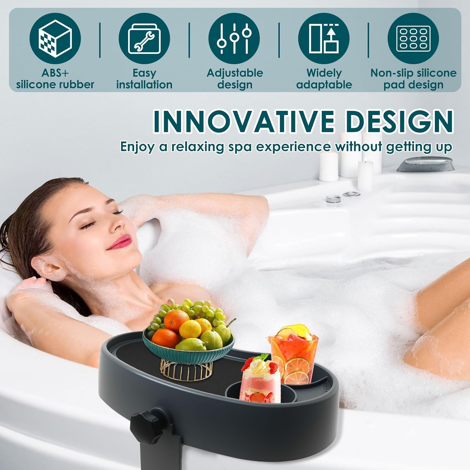 Hot Tub Table Tray with 2 Cup Holders Adjustable Aboveground Bathtub Tray Clamps to Side of Aboveground Bathtub with Wall Thickness of 2.4'' to 7.5'' image number 1