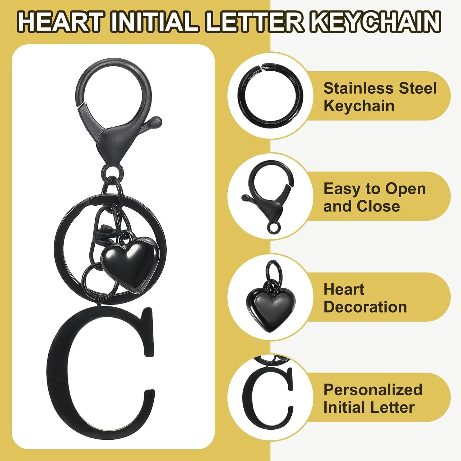 Sourcing Map Heart Initial Letter Keychain, Stainless Steel Keyring Alphabet Charm for Handbag, Women Purse image number 2