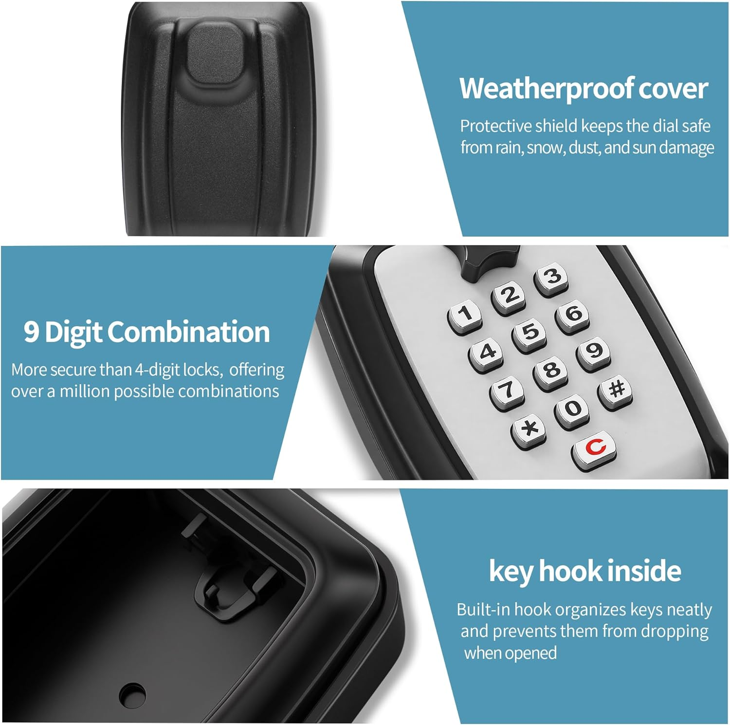 Key Lock Box, Wall Mounted Key Storage Box with 9-Digit Keyboard Resettable Code, Large Capacity, Rustproof/Waterproof Security Lock Box, for Home, Outdoor image number 4
