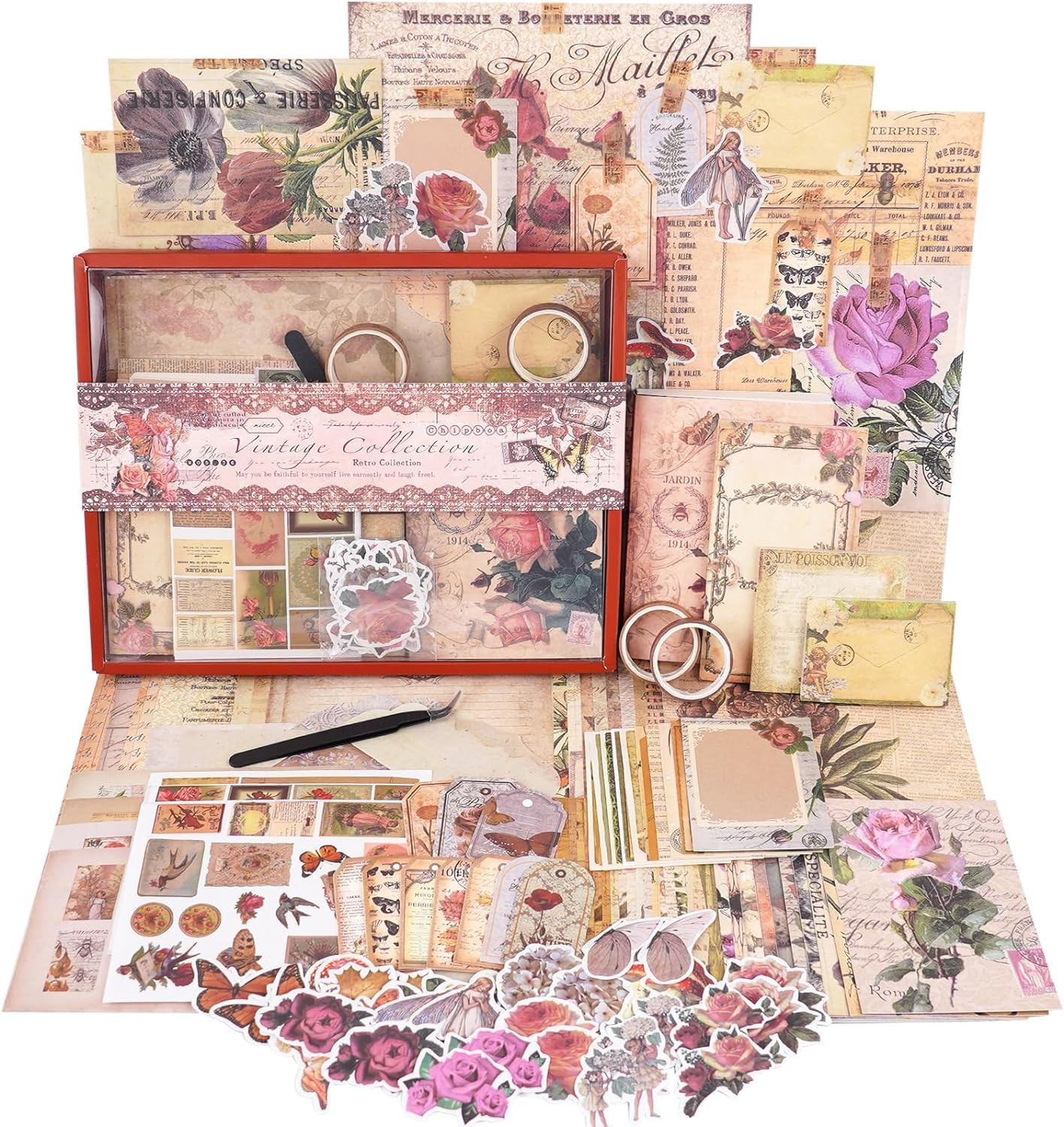 Funto Scrapbooking Kit (202 PCS), Vintage Collection-Rose Angel, Perfect for Bullet Scrapbooking Materials, Planner DIY Arts Craft Collage image number 2