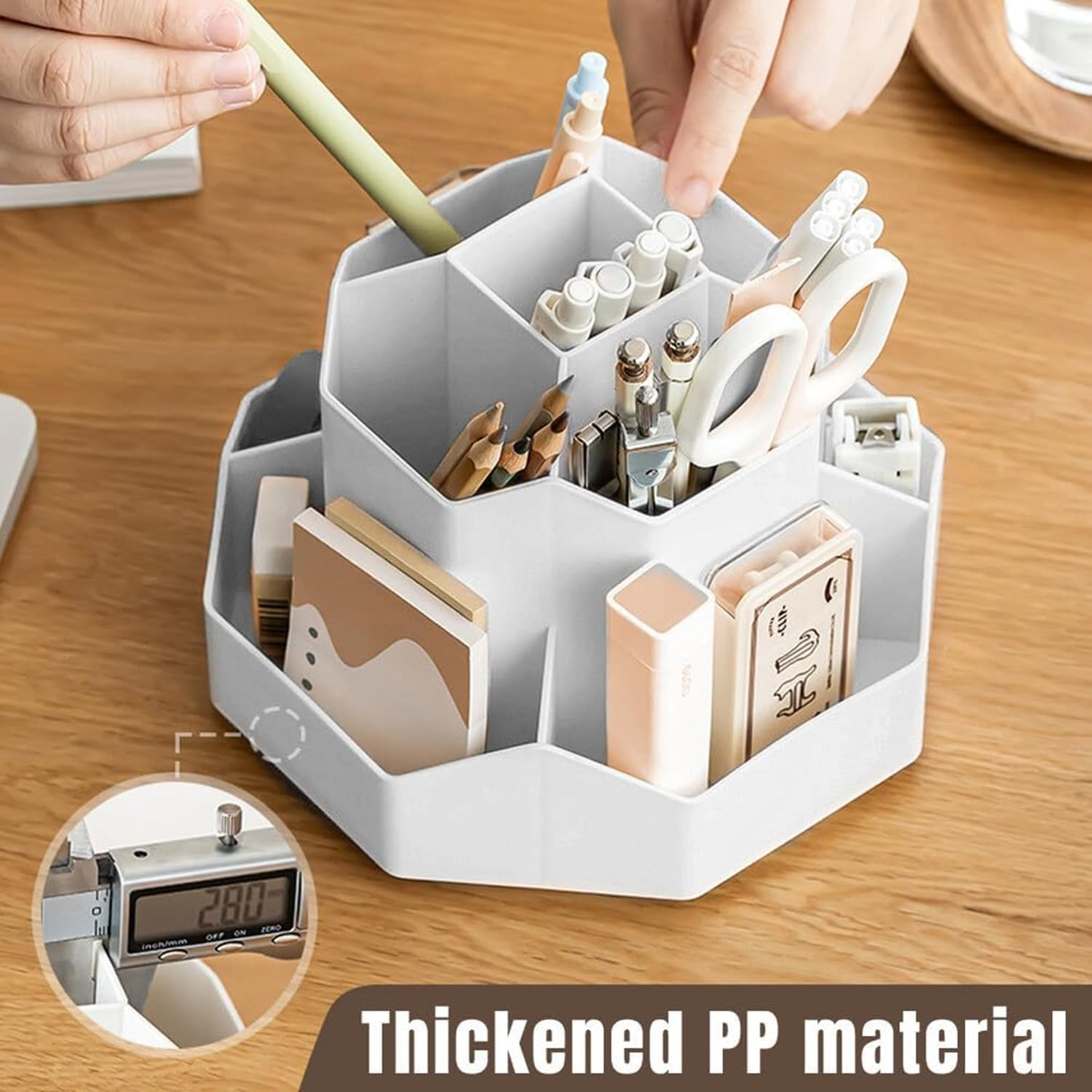 JCZD Rotating Pen Holder, Stationary Organiser, Pen Holder for Desk 9 Compartments, Upgraded Large Capacity 360&deg;Rotatable, Can Accommodate Pencils, Colored Pens, Various Stationery (Grey)