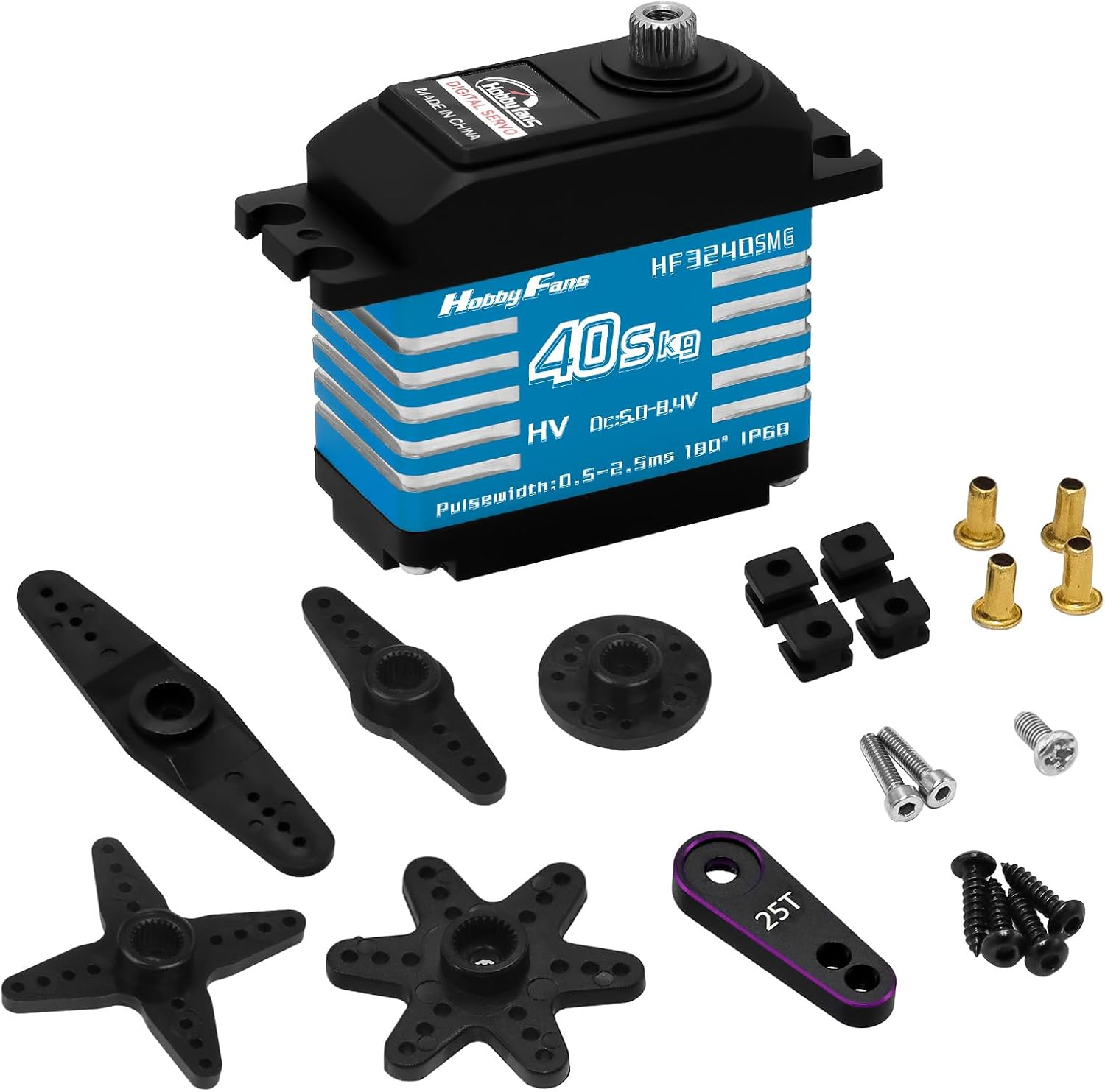 Hobby Fans RC Digital Servo, IP68 Waterproof 40KG Metal Gear Servo High Torque Servo with 25T Servo Horn for 1/12 1/10 1/8 RC Car RC Crawler Robot Boat (Blue) - Blue image number 2