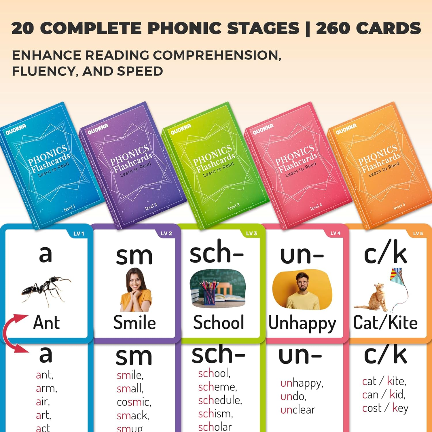 QUOKKA 1000+ Phonics Words Flash Cards for Kids Ages 4-8 I 20 Phonic Stages I 260 Card Games for Kids Ages 3-5 and 6-8 | Learn to Read Games & Phonics Manipulatives for Complete Phonemic Awareness image number 2
