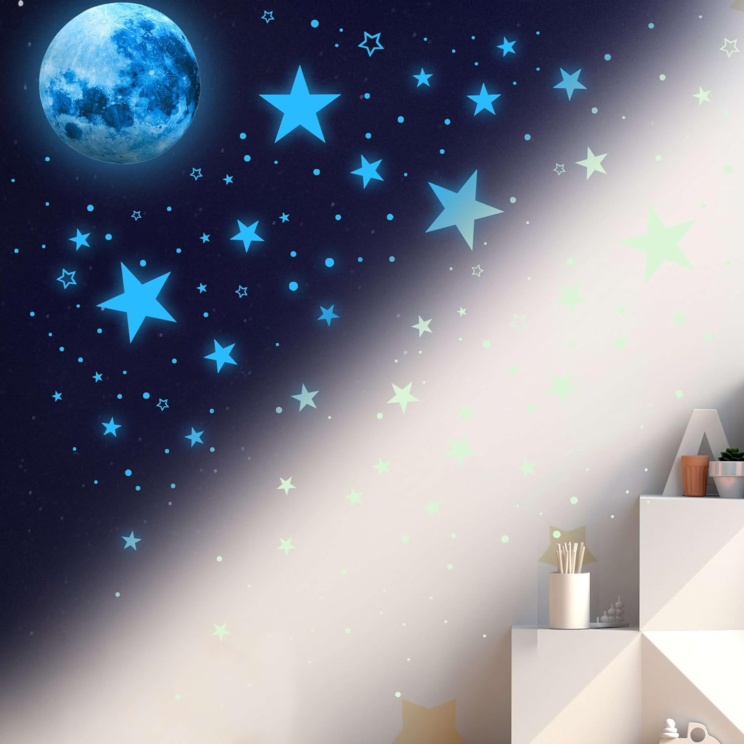1108 Pcs Classic Glow in the Dark Stars & Moon Wall Decals, Vinyl, Blue, Star & Dot Pattern, Indoor, Kids Boys Bedroom Living Room Decor image number 5