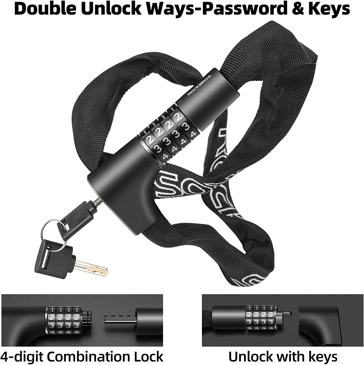 ROCKBROS Bike Lock Chain Bicycle Lock 3.2FT Security Anti-Theft Bike Chain Lock Resettable Combination Bicycle Chain Lock Bike Locks for Bike, Motorcycle, Bicycle, Door, Gate, Fence, Grill with 2 Keys image number 5