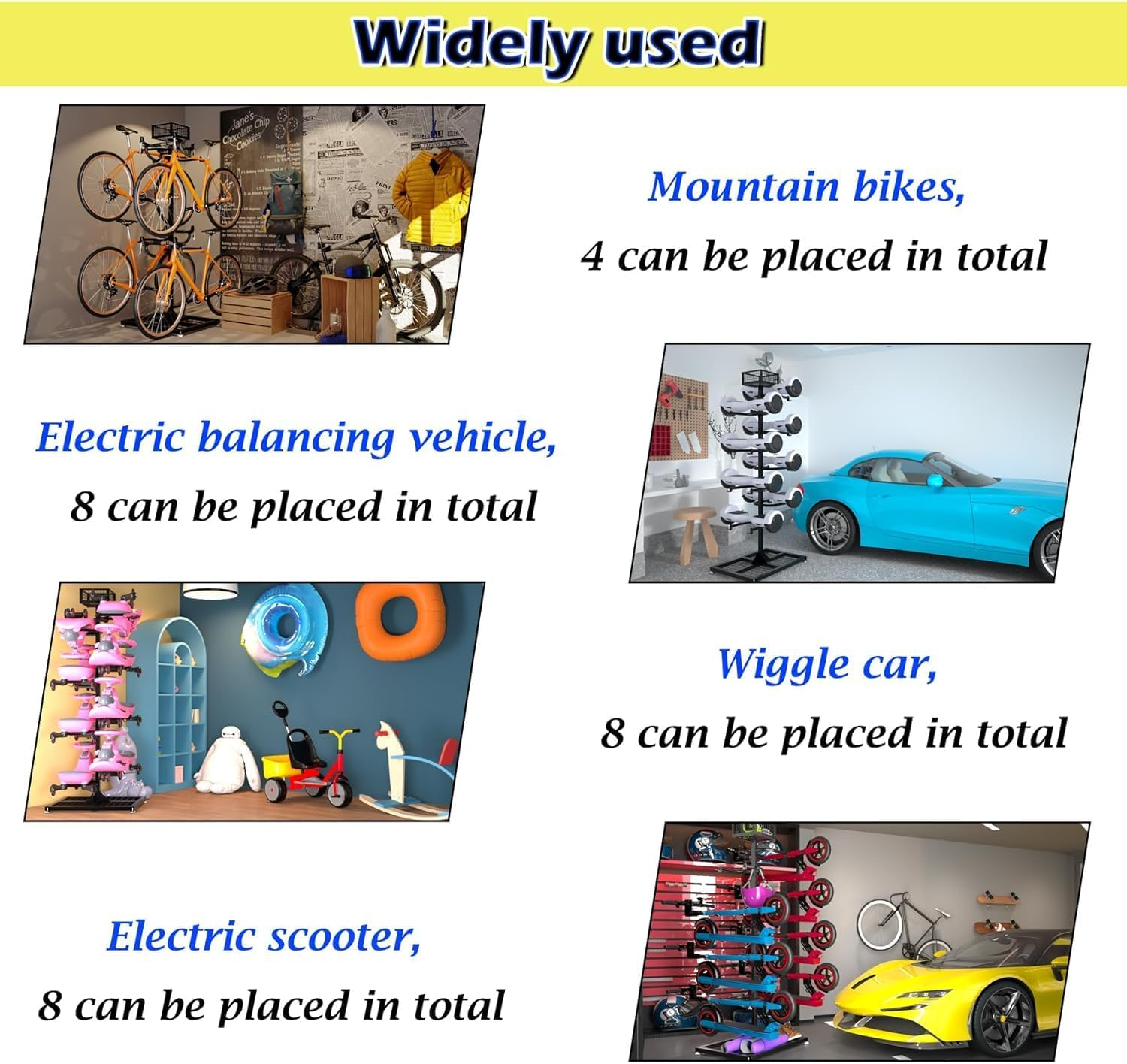 Lhysn Bike Stand for 4 Bicycles Large Floor Bike Rack Garage for Outdoor Bike Hanger Vertical Bike Stand for 8 Scooters/Wiggle Car/Storage Holder image number 2