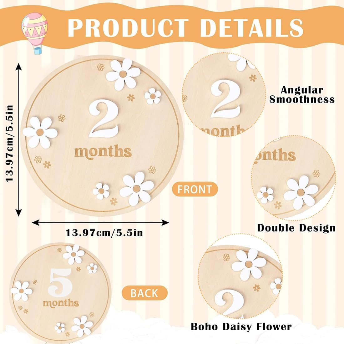 1 Set Baby Monthly Milestone Cards with Adhesive Dots, Flower Style, Wooden Photo Props for Toddlers from 0-12 Months, Baby Shower Growth Record image number 1
