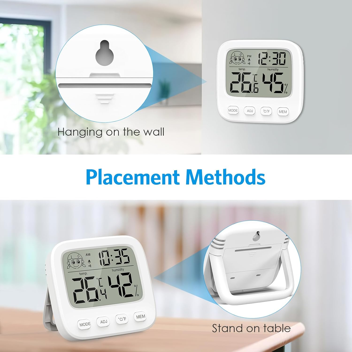 AMIR Digital Hygrometer Thermometer Indoor, Room Thermometer and Humidity Gauge with Temperature Humidity Monitor, Clock, ℃/℉ Function, 12/24H, Date, for Home, Garage, Greenhouse image number 6