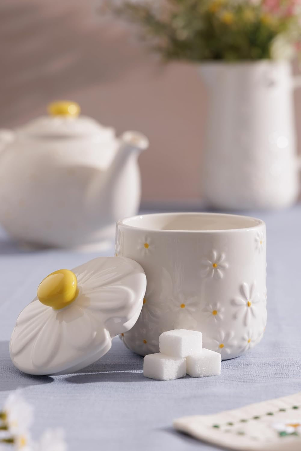 Price & Kensington Daisy Sugar Bowl | Ceramic Sugar Bowl with Embossed Daisy 3D Lid | Hand-Painted Yellow Handle | Cream Glaze | Kitchen Storage Bowl image number 5