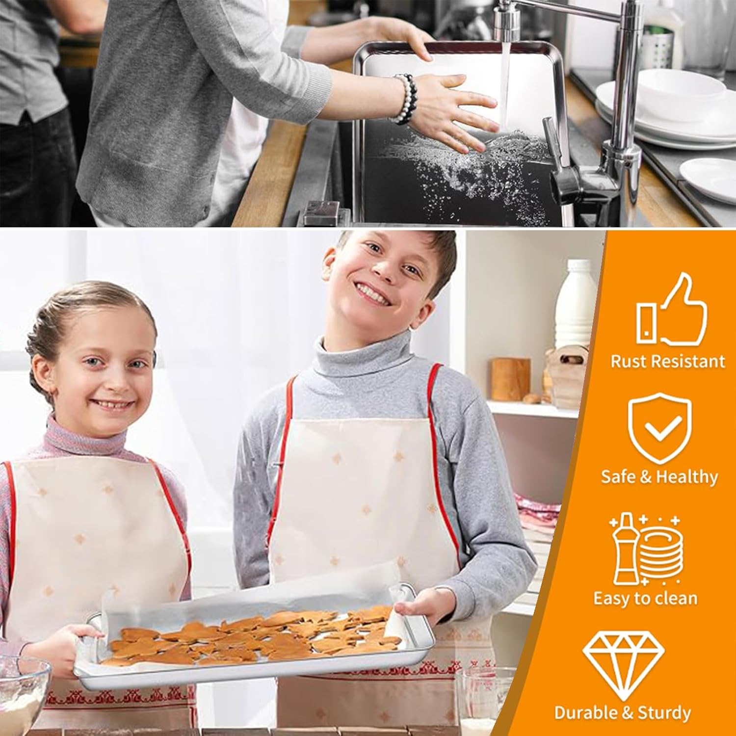 4 Pcs Baking Sheets & 4 Pcs Baking Racks, Oven Baking Pans, Stainless Steel Baking Pan Cookie Sheet with Cooling Rack, Sheet Oven Tray & Cooling Grid Rack Rust Warp Resistant Nonstick (23*17*2.5CM) image number 6