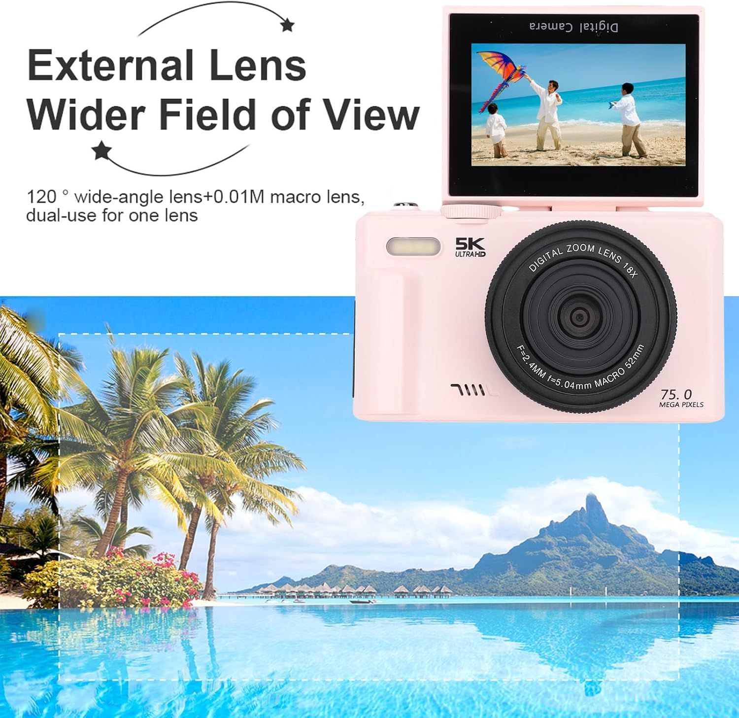 YUEHISY 5K 75MP Digital Camera for Youtube, 18X Zoom 180&deg; Flip Screen Vlogging Camera with Wifi, 3.0 Inch LCD Point and Shoot image number 4