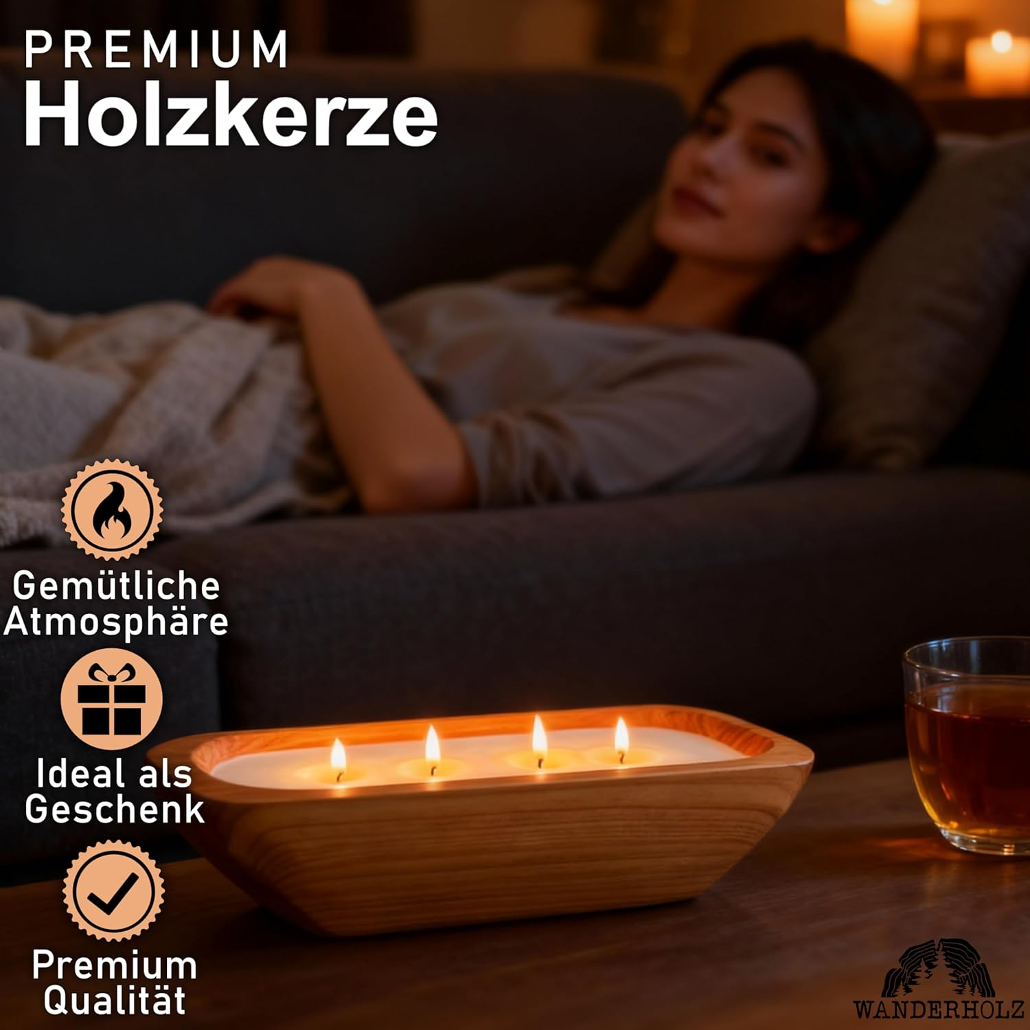 Wanderholz Soy Wax Candle in a Cedar Wood Bowl - Sustainable Multi-Wick Candle with Soy Wax Four-Wick Candle Wax Soy Candle Candles Gift Large Decorative Living Room Candle Decoration Modern image number 3