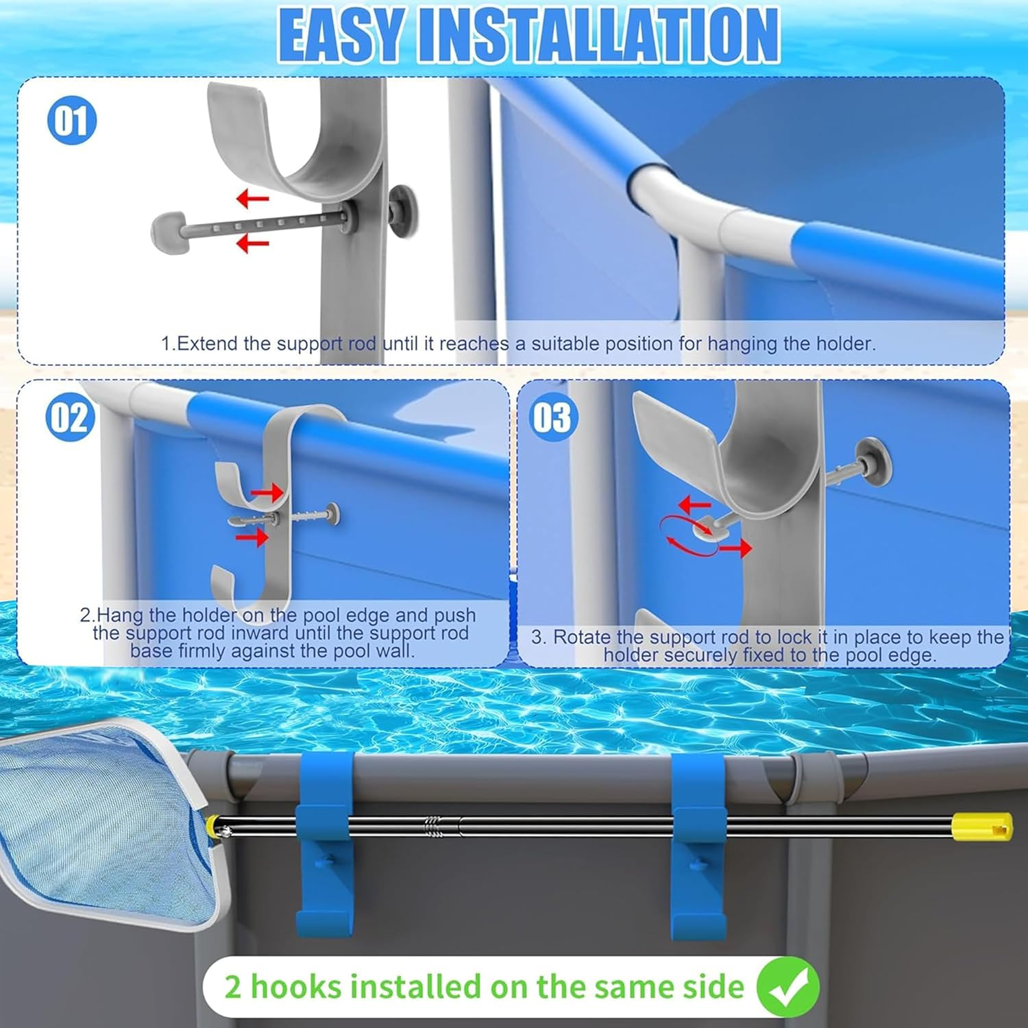 2 Pack Heavy Duty Pool Pole Hanger - Adjustable Telescopic Hook for Skimmer Nets & Brushes,Space Saving above Ground Pool Accessories (Grey) image number 4