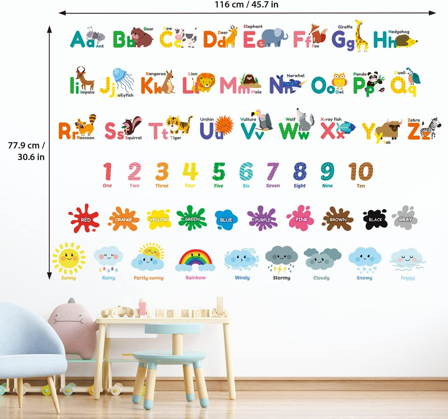 DECOWALL DSL-8070 Animal Alphabet Numbers Colour Weather Kids Wall Stickers Decals Playroom Letters Decor Bedroom ABC Nursery Classroom Toddlers Learning Educational Baby Rainbow Colorful image number 5