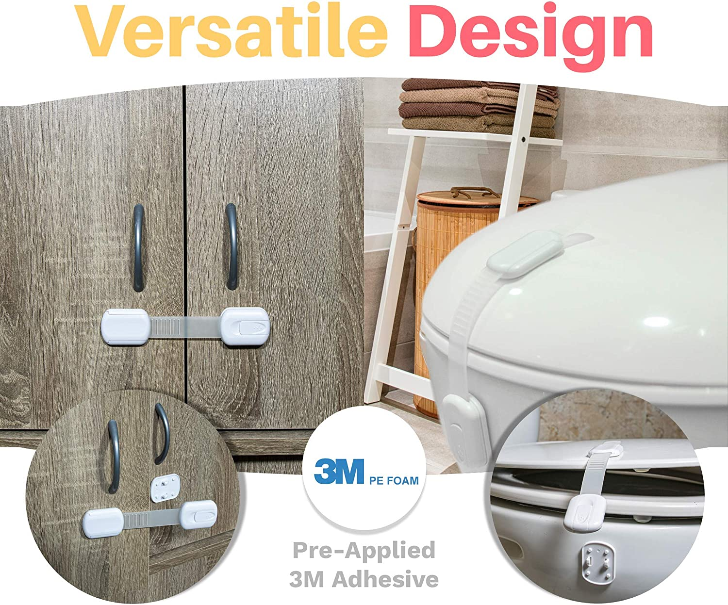 6-Pack Child Proof Locks for Cabinet Doors, Drawers, Fridge, Toilet Seat, Dishwasher, Trash Can, Cupboard - 3M - No Drilling - Child Safety Locks for Cabinets and Drawers - Baby Proofing Cabinets Lock