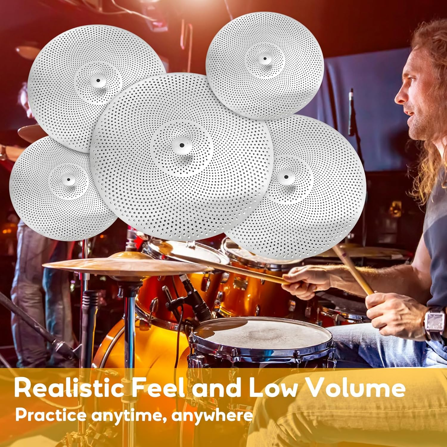 YOUEON 5 Piece Low Volume Cymbal Pack Includes 14"Hi Hat + 16"Crash + 18"Crash + 20"Ride, Durable Stainless Steel, Practice Cymbals for Quiet Drumming Session image number 4