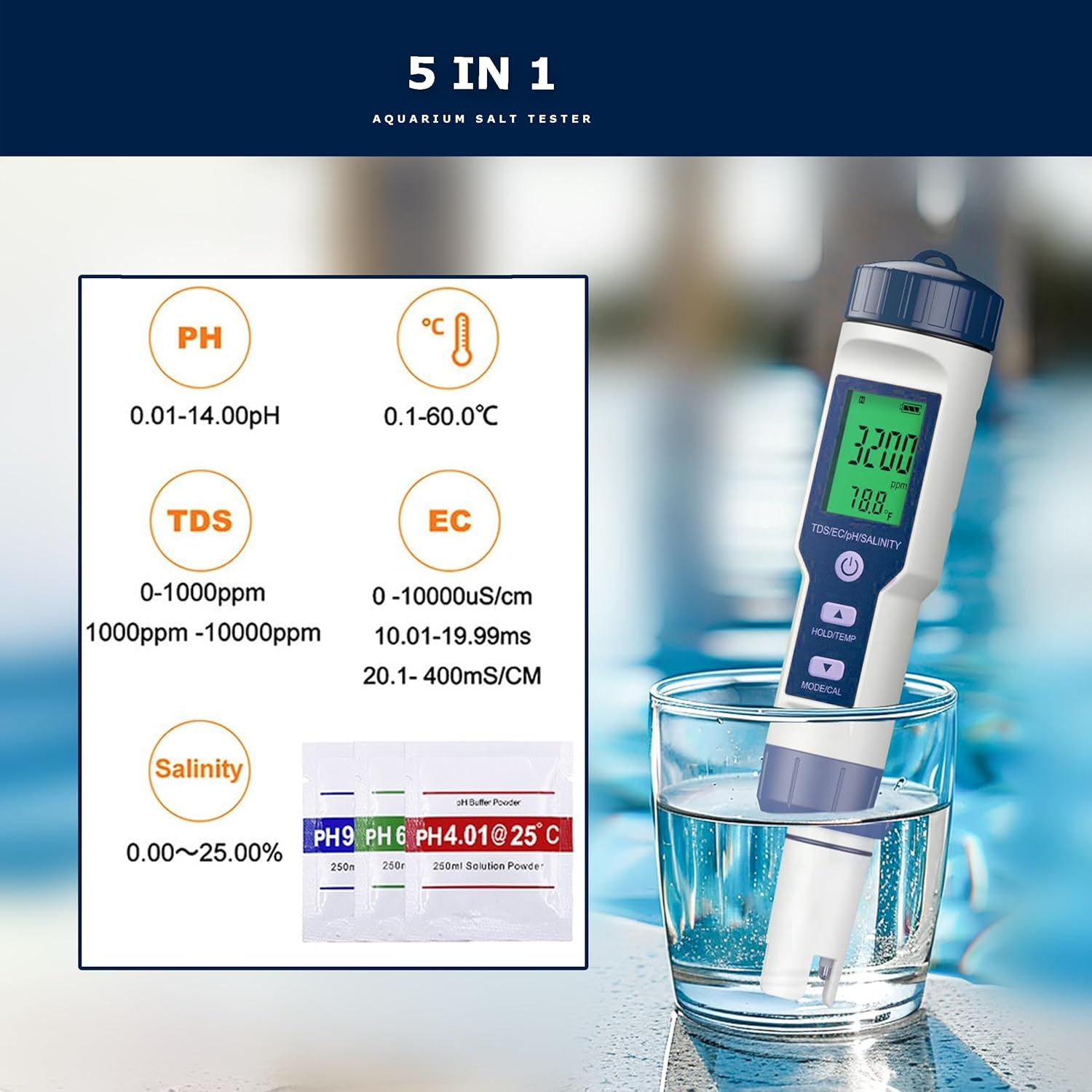 5-In-1 Digital Salt Tester for Aquarium and Pool TDS, Ph, Salinity, EC, and Temperature Meter, Accurate Readings, LCD Display, Waterproof image number 5