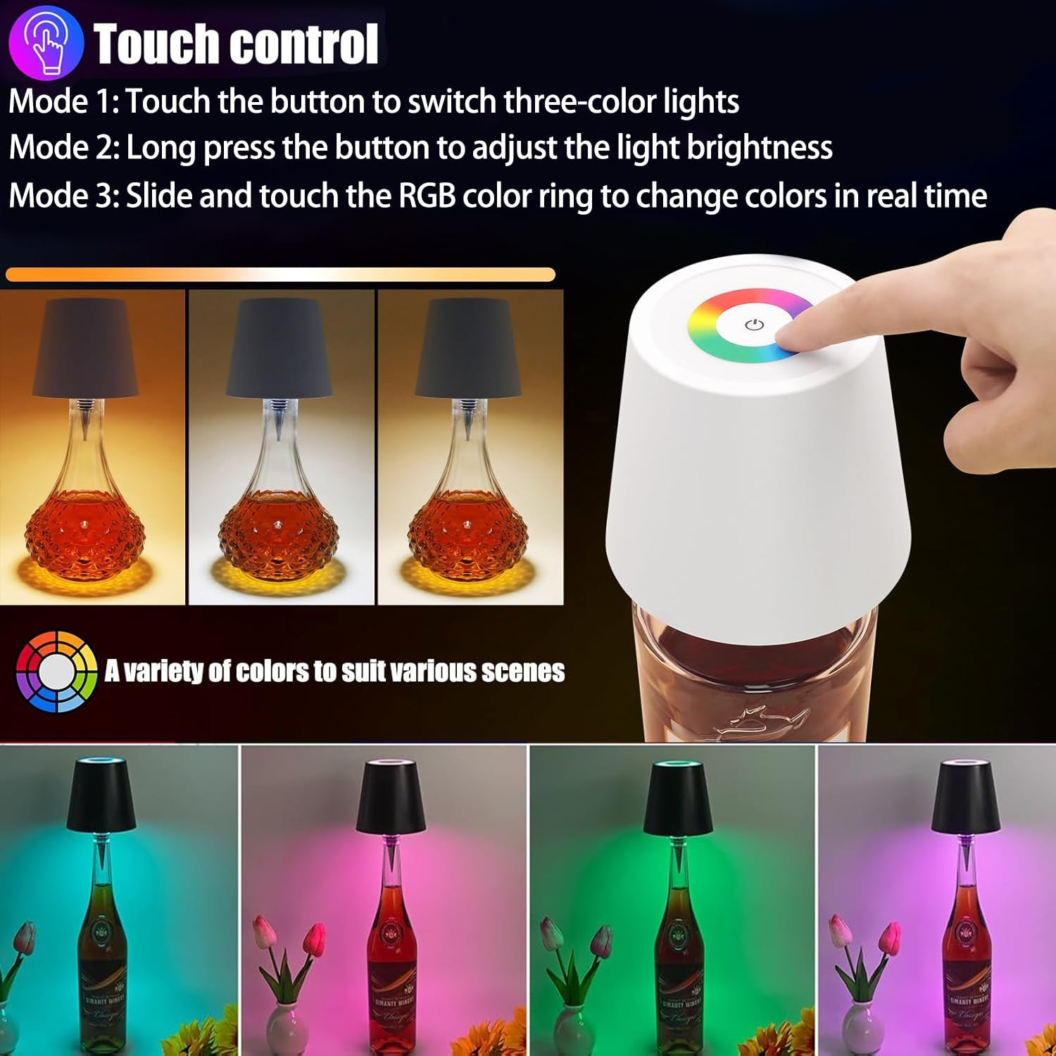 Wireless Bottle Lamp 2000Mah, RGB Mode & 3 Color Stepless Dimming Touch Table Lamp, Rechargeable Atmosphere Lamp for Bars, Cafes, Restaurants, Bedrooms, Outdoor Environments (Black, 1Pcs) image number 5