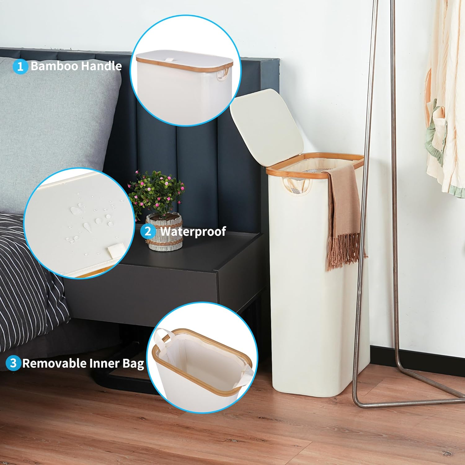 Efluky Slim Laundry Basket with Lid, Tall Narrow Washing Basket for Laundry, Folding Small Slimline Laundry Baskets for Dirty Clothes, 63L Cloth Storage Basket Beige image number 2