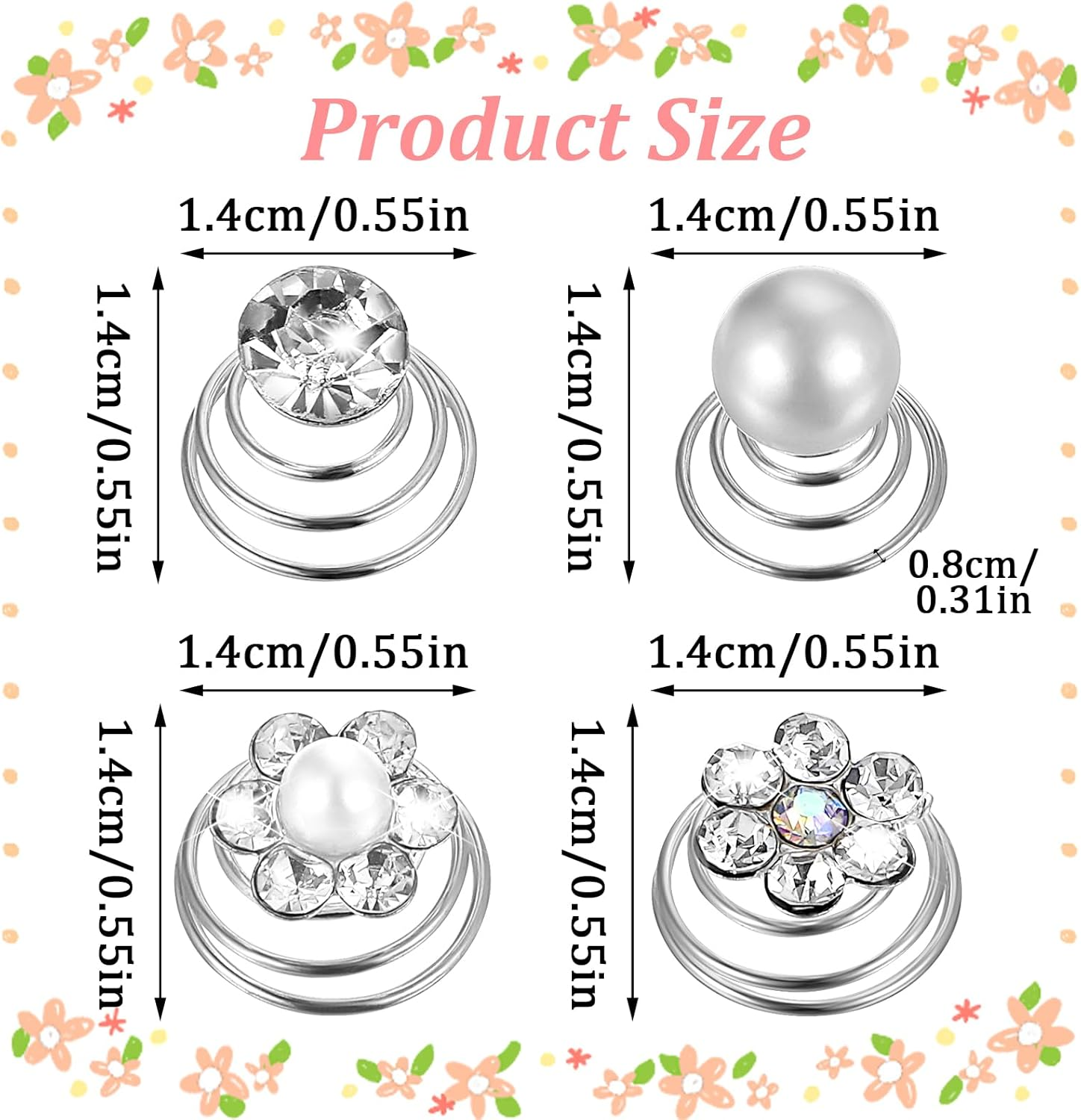 48Pcs, 4 Styles Rhinestone Crystal Pearl Twisters Spiral Set, Flower Jewels Hair Pins Silver Coil Accessories for Women, Bride, Bridesmaids, Wedding, Prom, Party and Special Occasion image number 1
