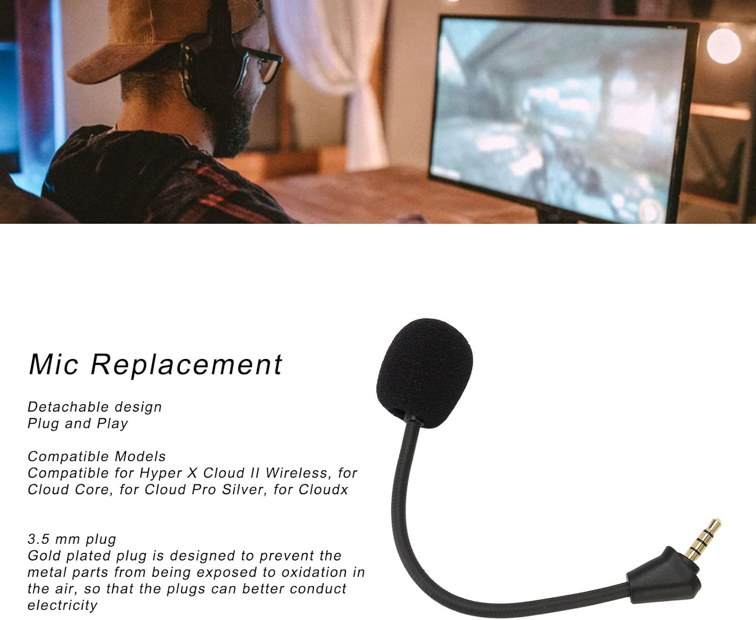 Mic Replacement 3.5Mm Detachable Game Microphone for Hyper X Cloud II Wireless Cloud Core Cloud Pro Silver Cloudx, Hyperxcloud 2 Mic Replacement Game Detachable Gold Plated Jack image number 5