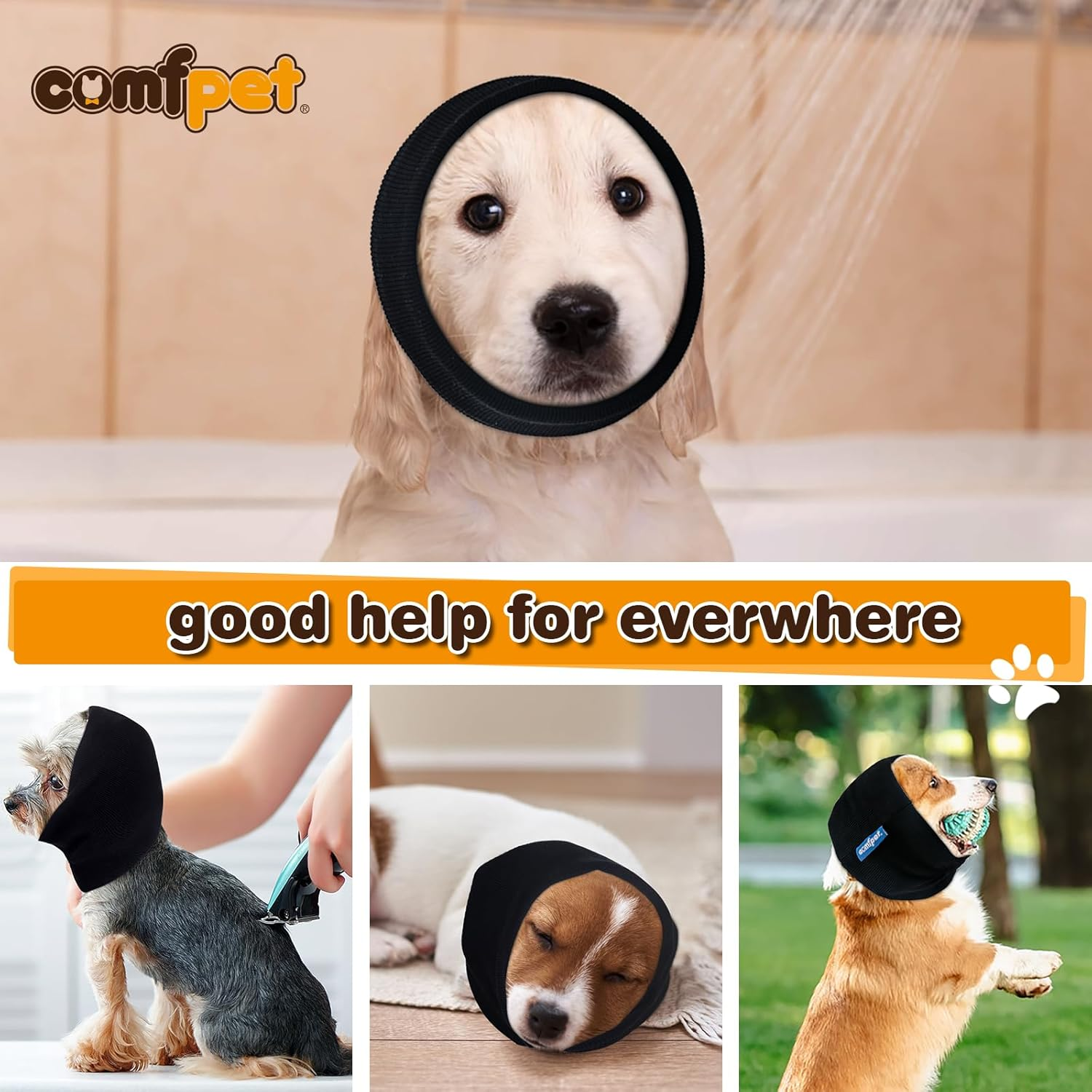 COMFPET Dog Ear Snood Noise Protection, Dogs Ear Cover for Anxiety Headband Protector, Dog Calming Hood for Grooming and Bath Drying, Pet Dogs Earmuff Head Wrap for Ear Hematoma (Black, XL) image number 2