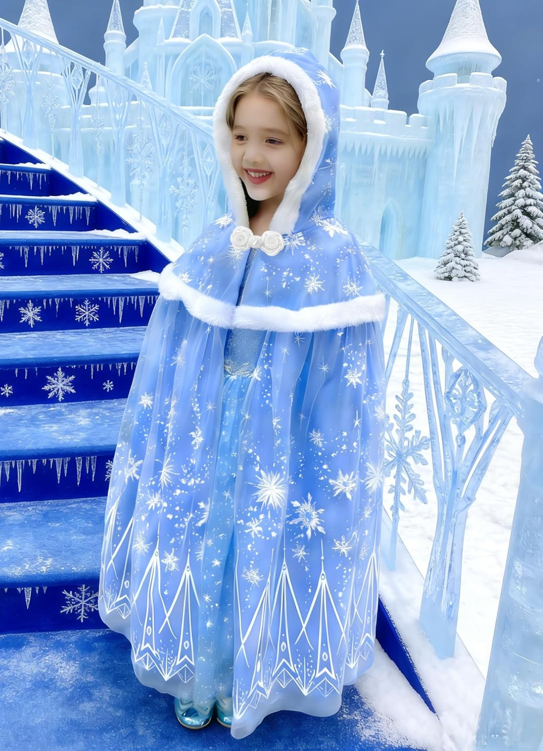 2022 Girls Luxurious Hooded Cape for Elsa Kids Princess Cloak Costume image number 5