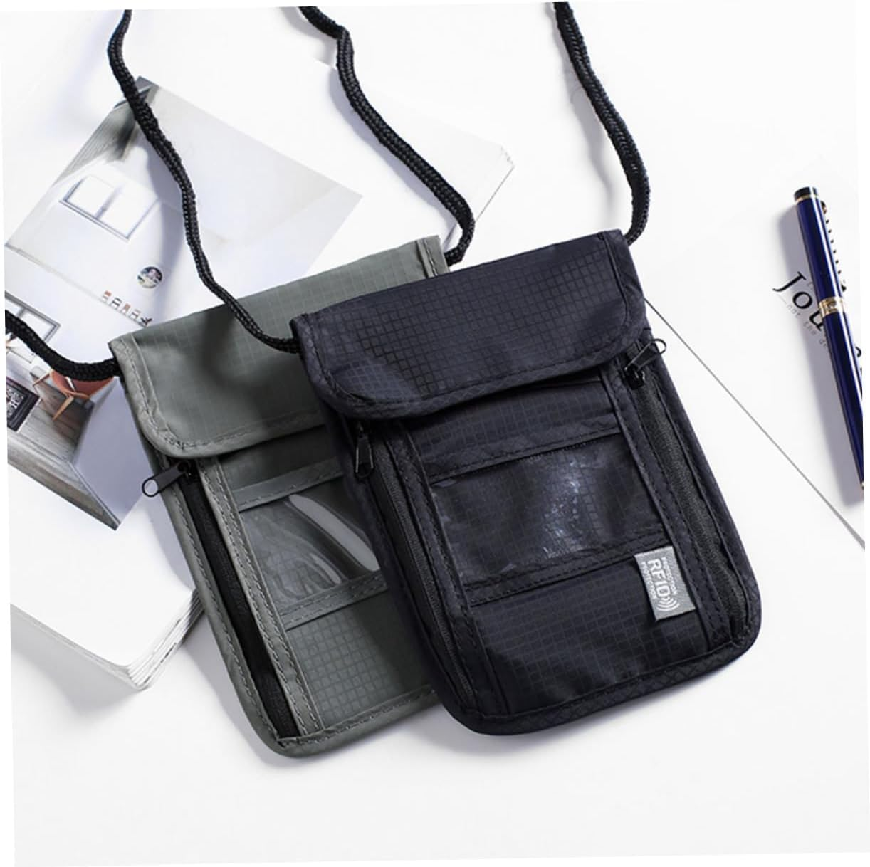 Veemoon Travel Wallet Neck Hanging Passport Holder for Men and Women, Waterproof Multifunctional Passport Cover Id Window, Credit Card Organizer, Grey Travel Carry Bag image number 1