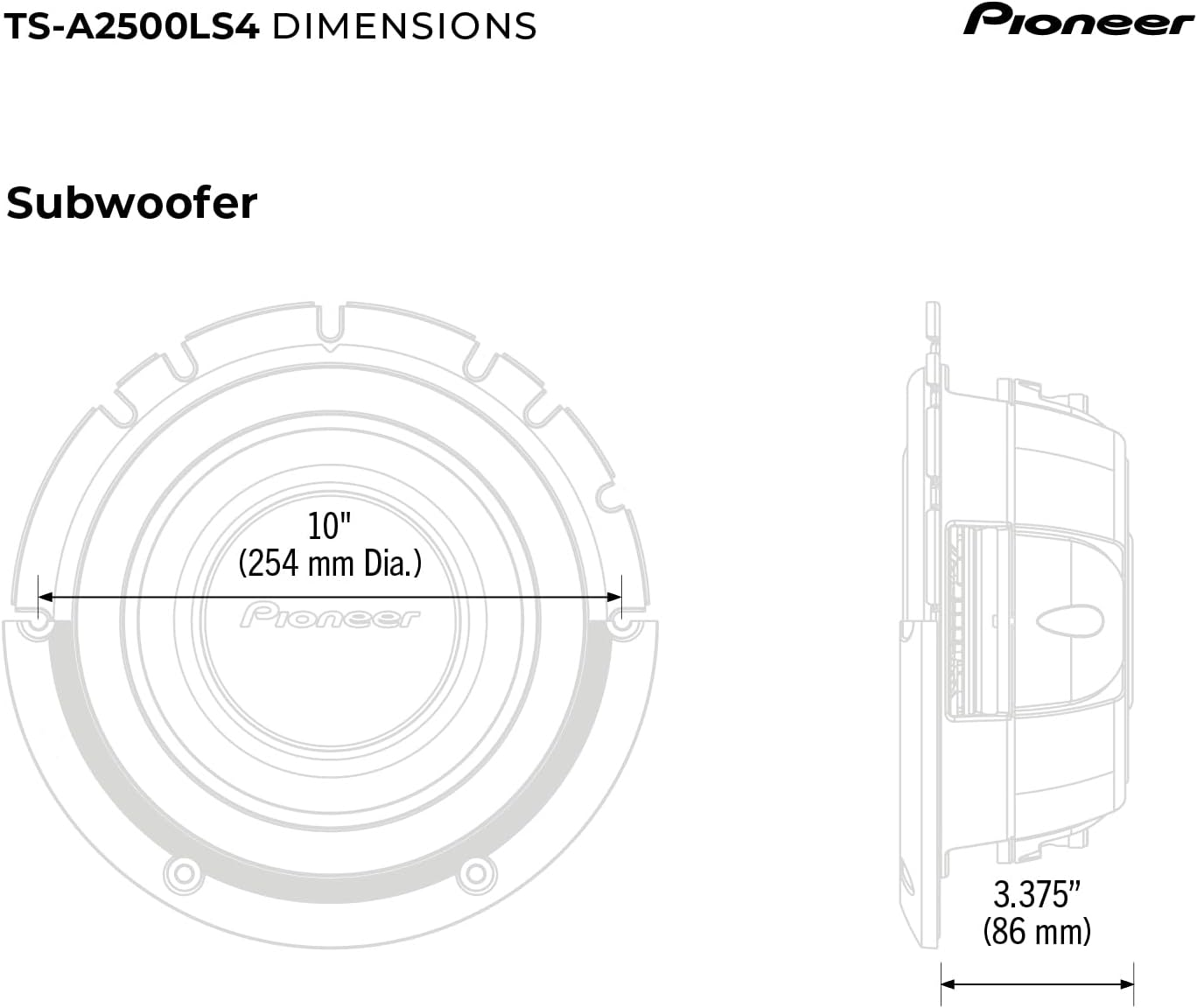Pioneer TS-A2500LS4-25 Cm / 10 Inch A-Series Component Subwoofer Speaker, 1200 W MAX. 300 W NOMIN image number 1