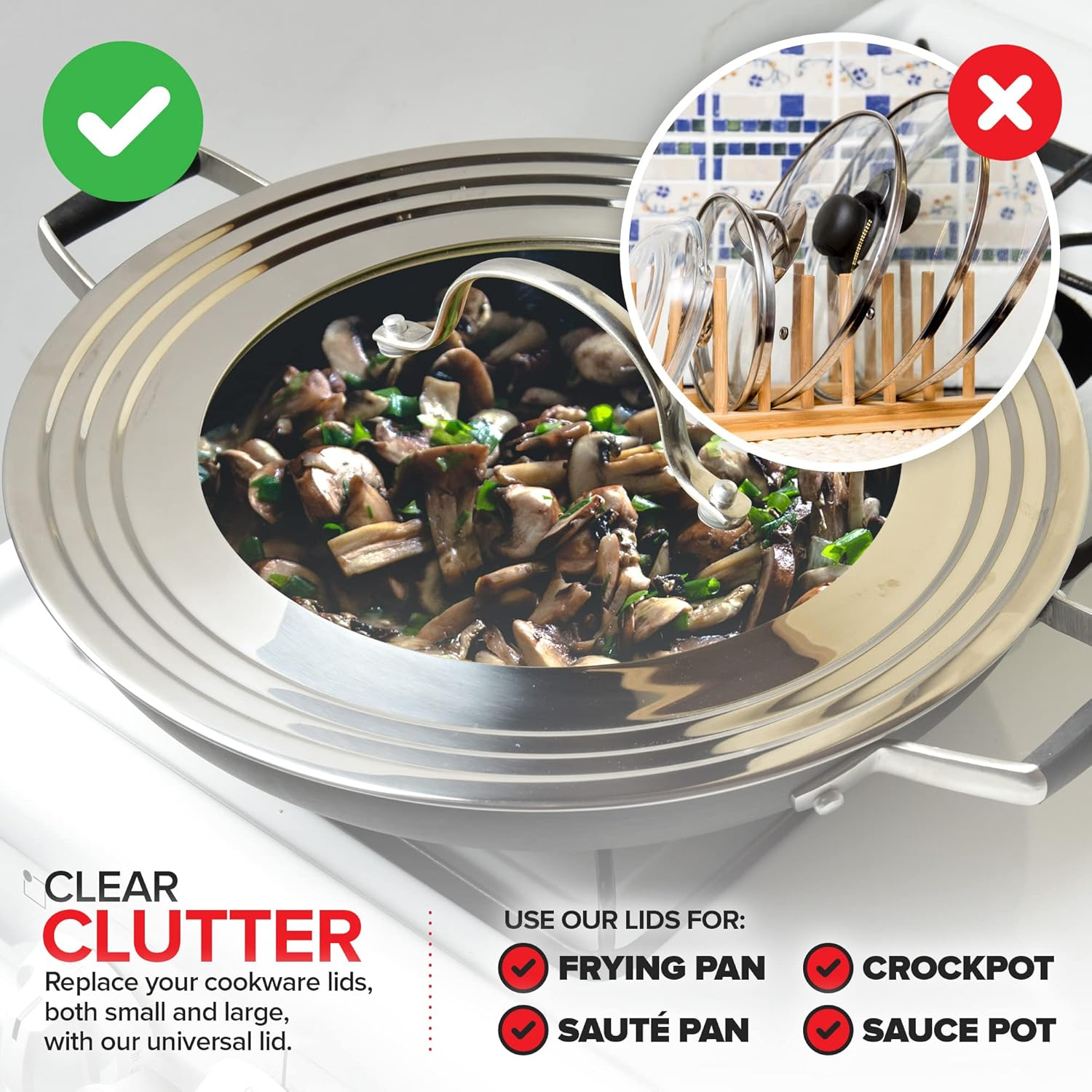 Modern Innovations Universal Lid with Tempered Glass Top for Pots & Pans, Fits 8.25, 9, 10, 11, and 12 Inch Cookware - Large Replacement Frying Pan Cover, Cast Iron Skillet Lids - Stainless Steel image number 4