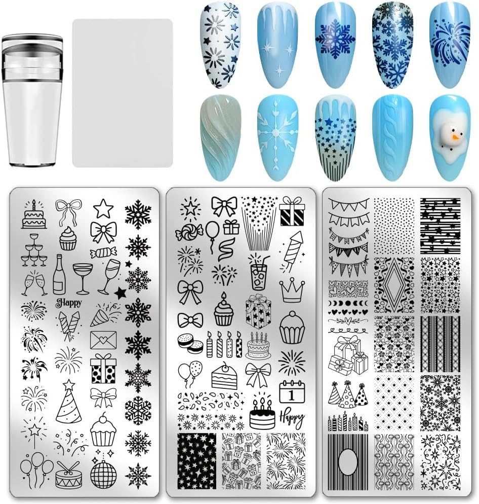 PH Pandahall Pack of 3 Cheer Nail Stamping Plate Bow Cake Gift Fireworks Snowflake Nail Art Templates Beautiful Stencils Stainless Steel Picture Plates for Birthday Christmas Holiday Winter image number 2