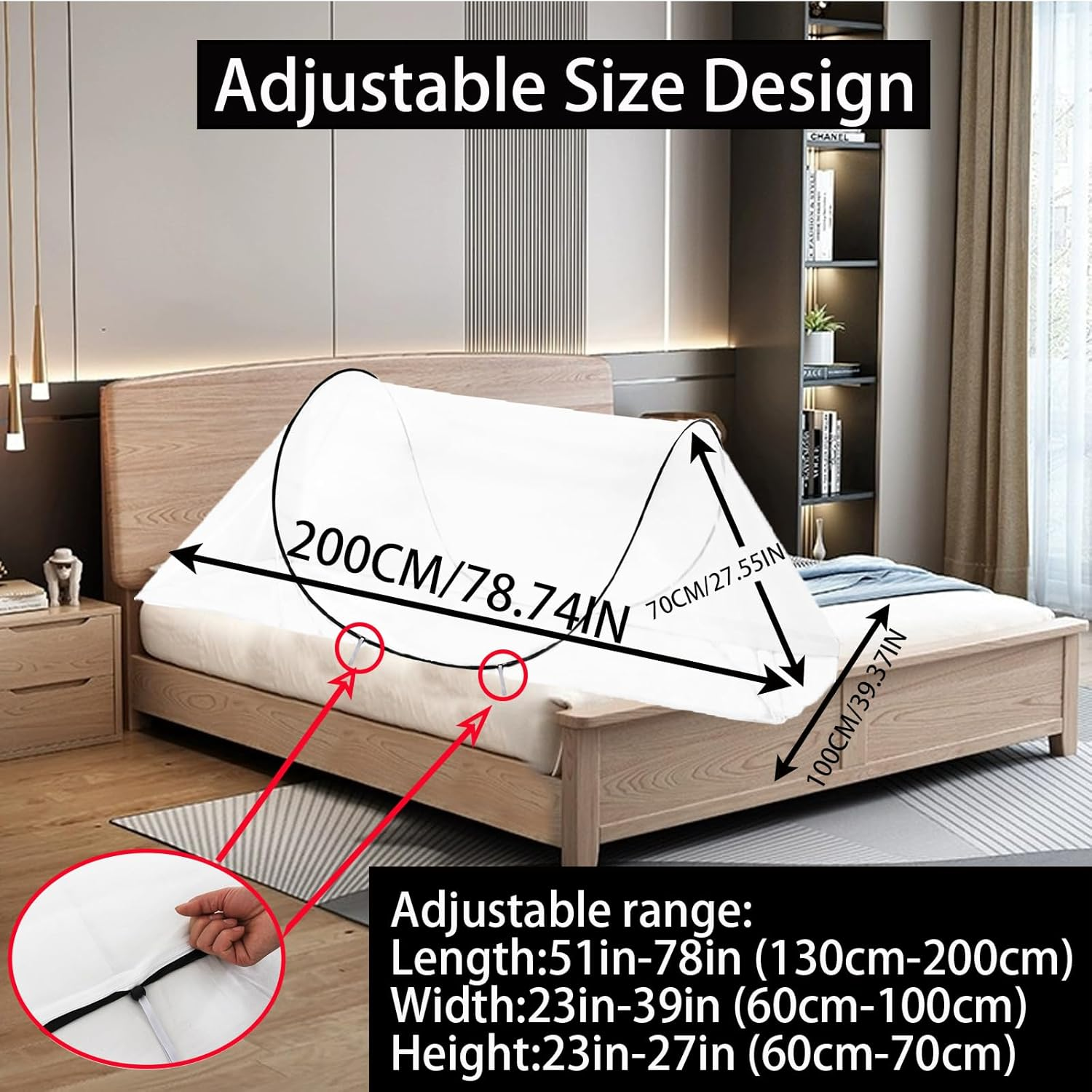 CMINGJ Large Pop up Mosquito Tent, Portable Foldable Mosquito Net for Bed Camping Travel Patio，Mosquito Net for Adults Baby (78 * 39 * 27Inch) (Black Adjustable Size) image number 6