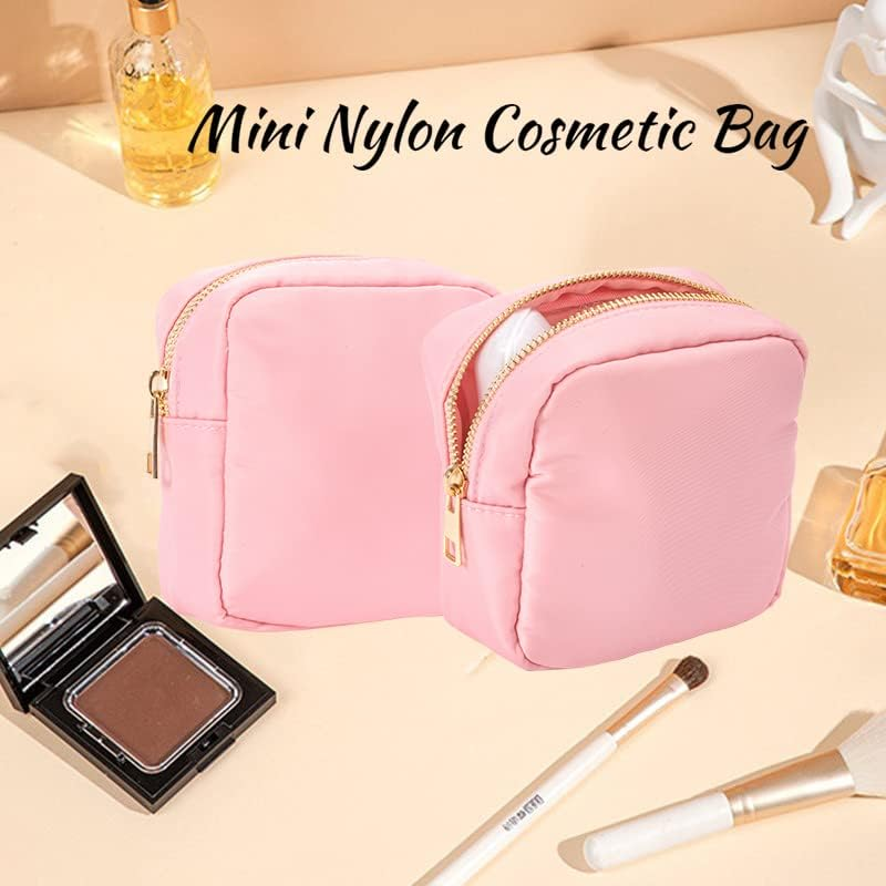Makeup Bag Travel Bag Pouch, Preppy Small Makeup Bag Zipper Pouch Purse Mini Nylon Cosmetic Storage Bag Cute Toiletry Organizer Bag, Large Womens Make up Bags, Pink, MINI, Preppy Makeup Bag image number 5