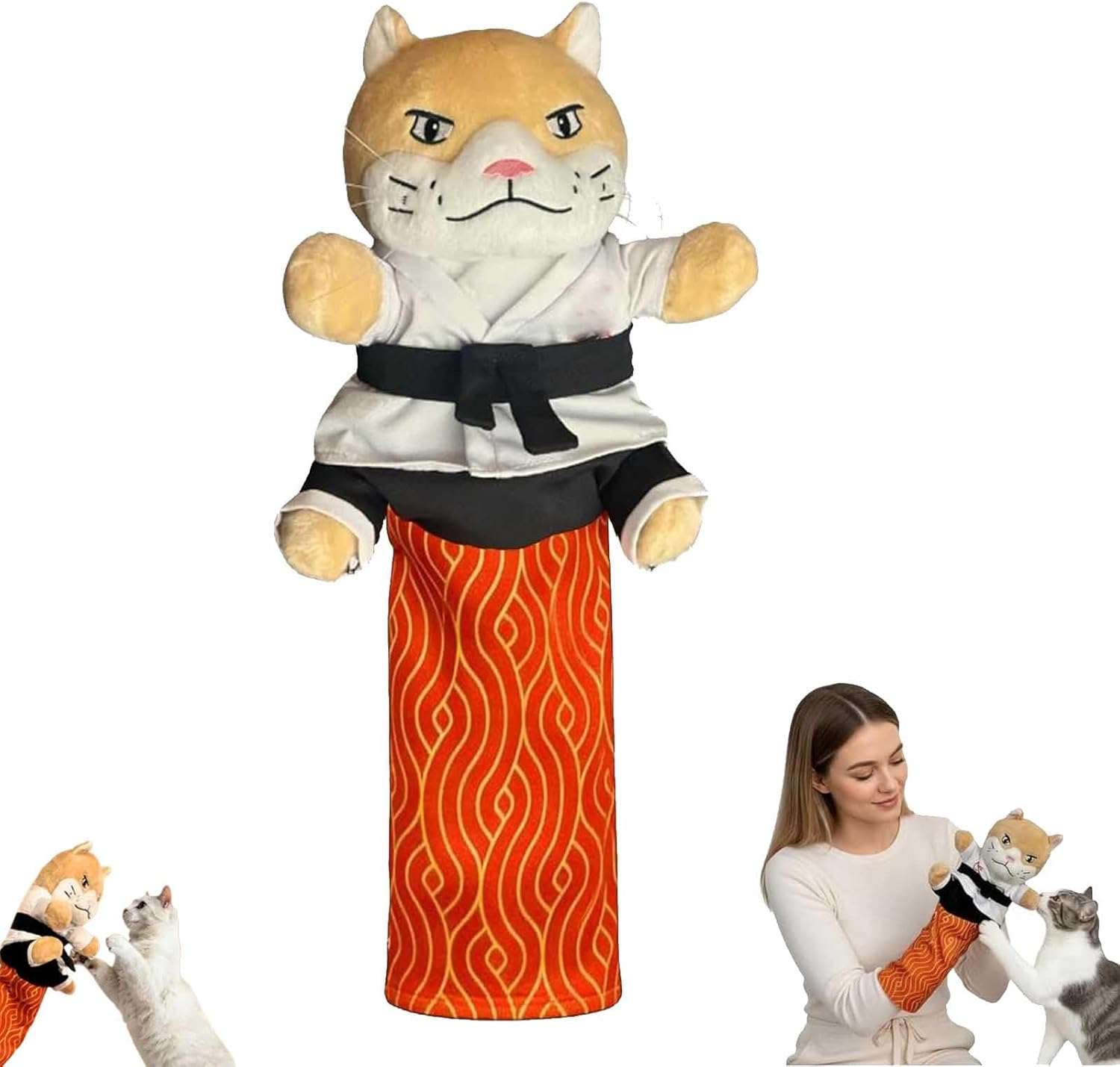 Karate Kitty Cat Wrestling Puppet, Cat Karate Kitty Puppet with Protective Forearm Sleeve, Cats Wrestling Glove Interactive Toy for Kittens and Adult Cats, Engage Natural Hunting Instincts (1Pc)
