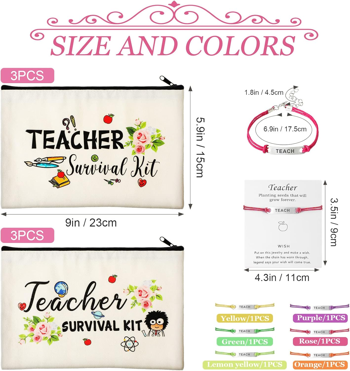Weewooday 12 Pcs Teacher Appreciation Present Set 6 Teacher Survival Kit Bag Makeup Pouch Pencil Bag, 6 Blessing Card Bracelet Kit(9 X 5.9 Inch,Cute Style)