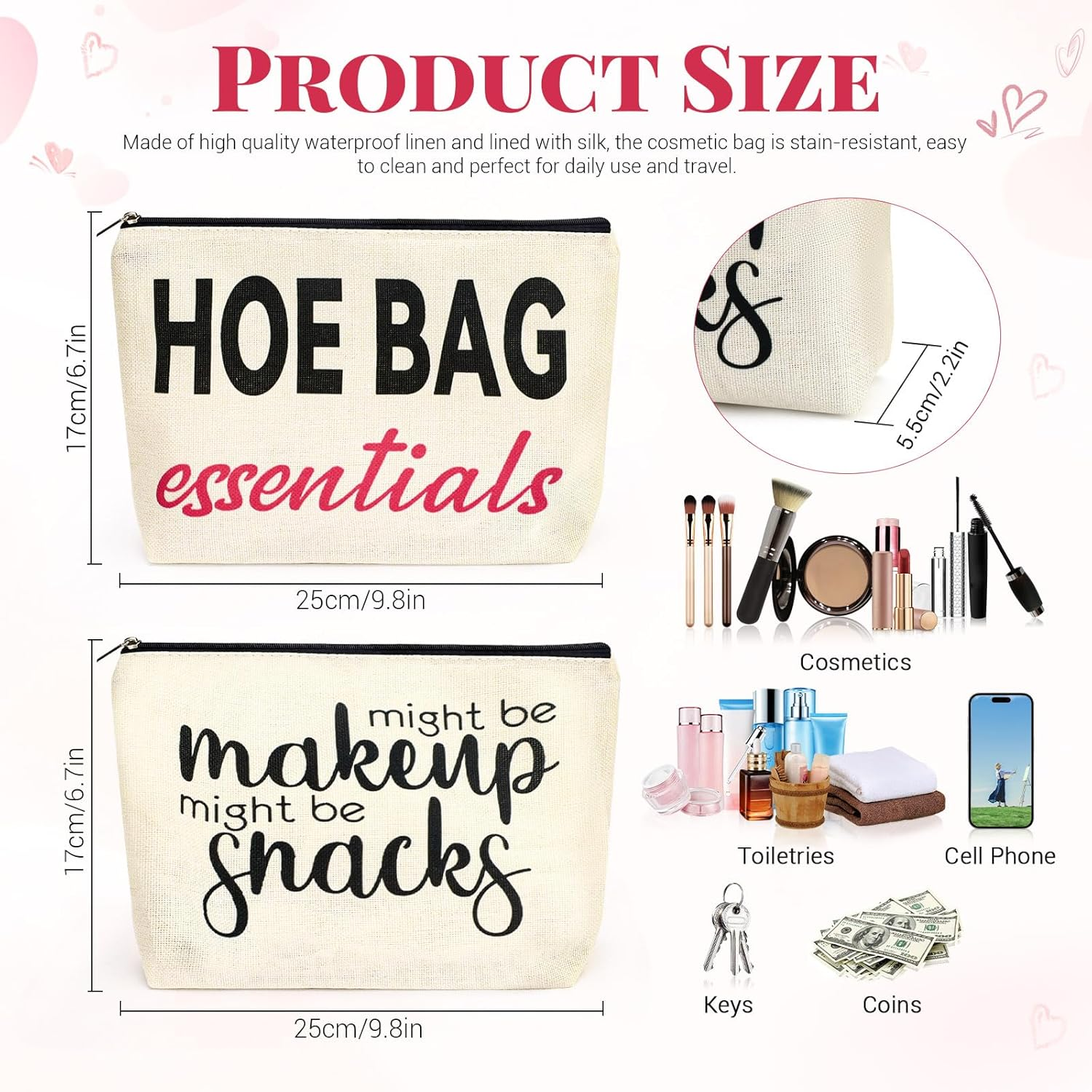 2PCS Funny Makeup Bag, Cute Zipper Pouch, Funny Makeup Bags for Women, Cosmetic Pouch, Cosmetic Bags for Women, White, Modern image number 5