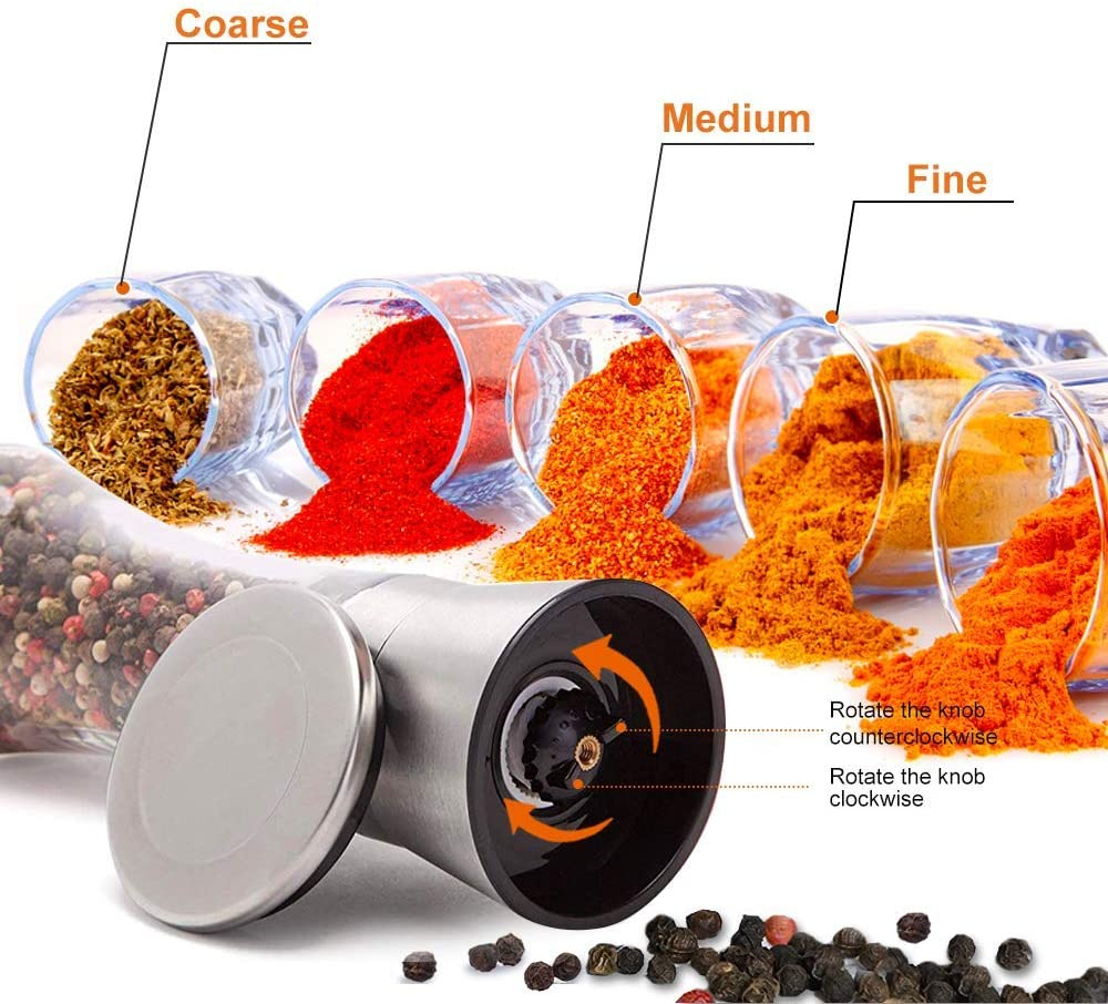 Salt and Pepper Shakers Grinders Set Refillable Stainless Steel,Adjustable Coarseness Mills Glass Material to Refill Sea Salt,Small Peppercorn,Black Pepper,Fits in Home,Kitchen,Barbecue,Party image number 4