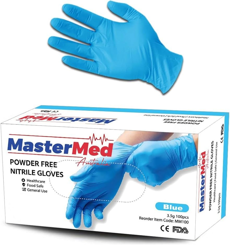 Mastermed Nitrile Tear Resistant Gloves 3.5G, Powder-Free, Latex-Free, Natural Rubber, Disposable, Medical, Cleaning, Examination, Chemicals, Tattoos, General Use, Food Safe - (100Pcs, Blue) image number 2