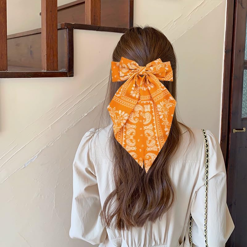 Bandana Hair Bow Large Bow Silky Satin Hair French Barrette Clip for Women Ribbon Hair Bows Paisley Hair Clips Hair Bow Accessories for Women Long Ribbon Bow Hair Clips French Barrette Hair Bows image number 5