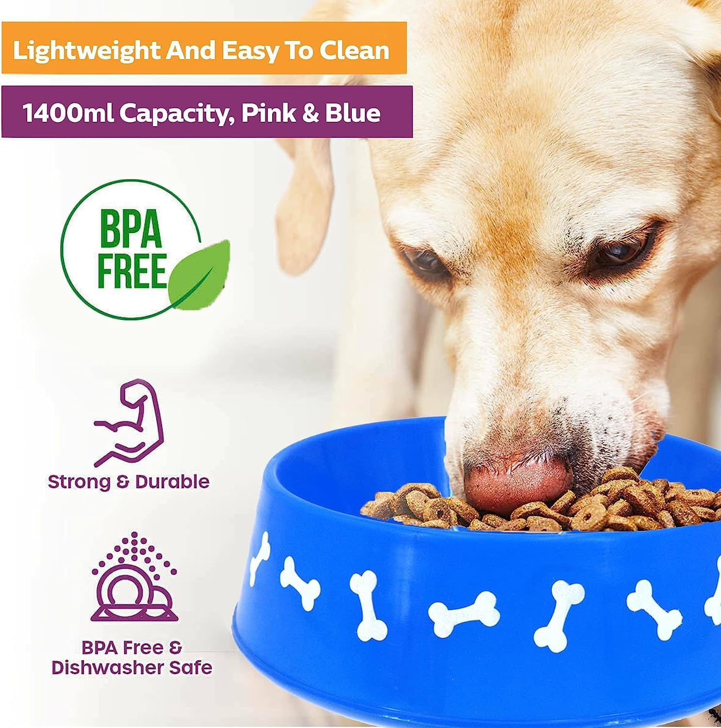 [2PCE] Pet Basic Original Classic Pet Bowl, Pink & Blue, 1400Ml Capacity, BPA Free, Lightweight and Easy to Clean, Dishwasher Safe, Ideal for Water and Food, Dog Bone Design image number 6