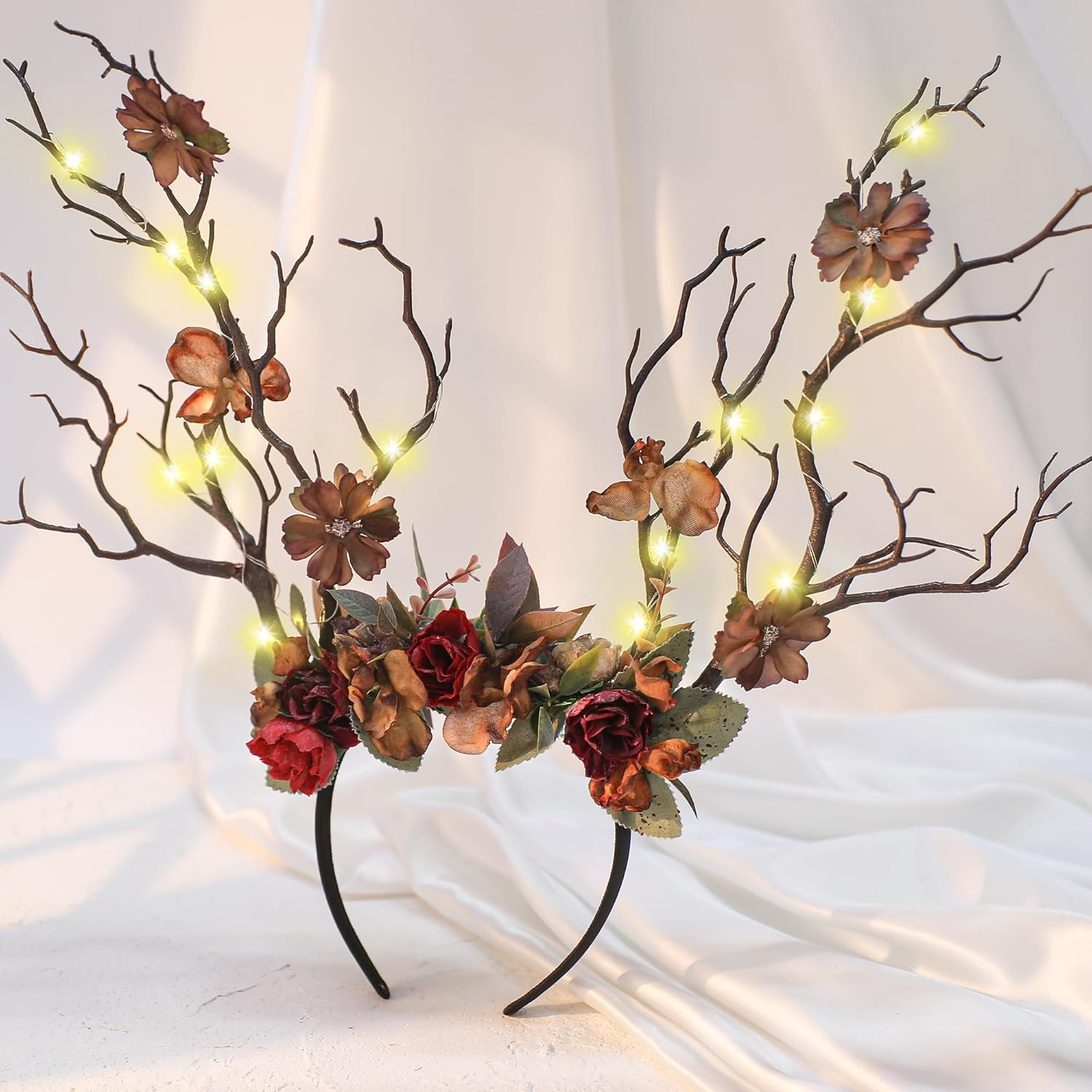 MOSTORY Green Forest Branch Headband - Fairy Forest Headband with Flowers, Floral Antler Headwear for Women, Witch Renaissance Costume, Halloween Renfaire Outfit, Cosplay Photoshoot image number 3