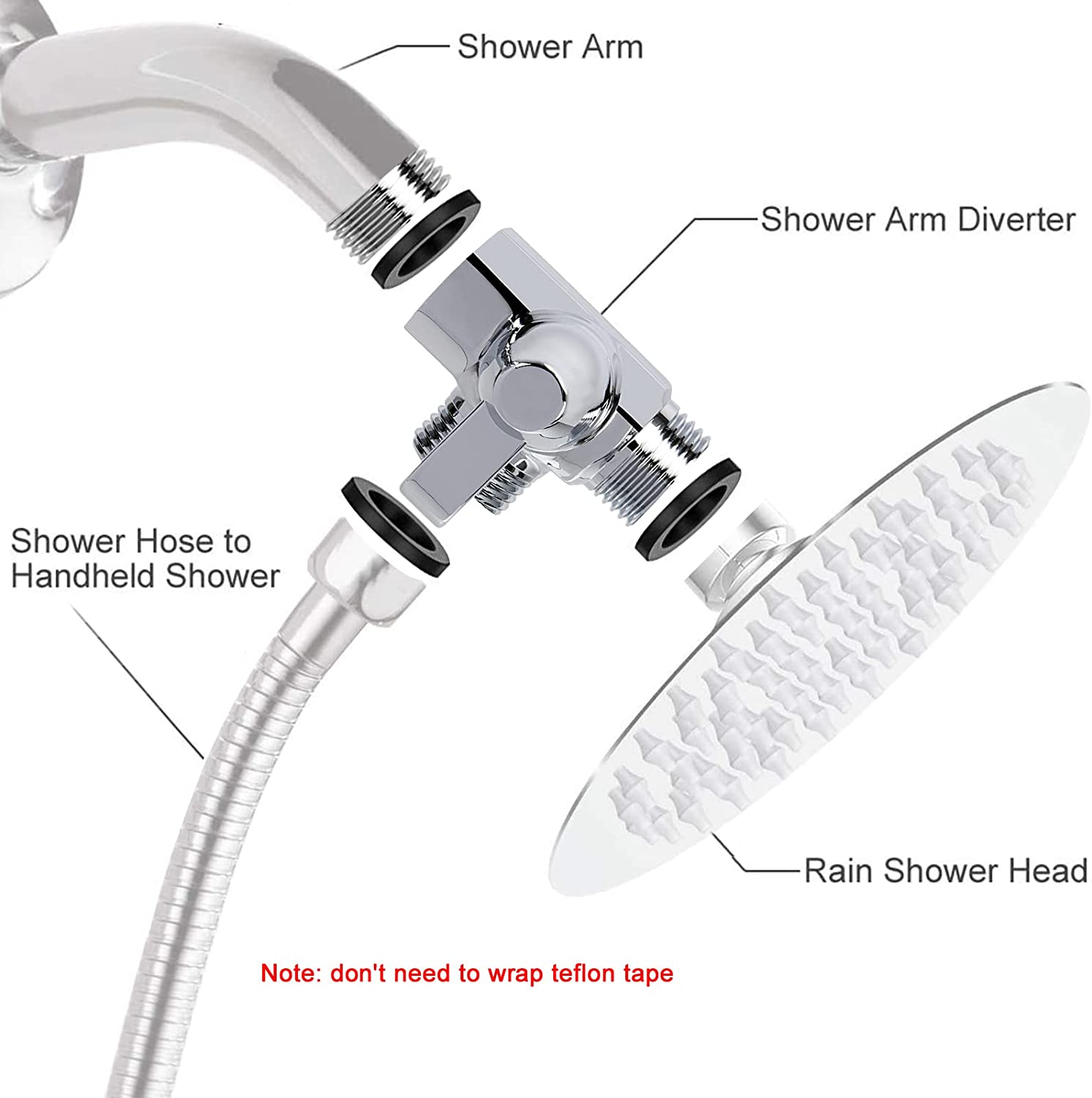 Nearmoon Solid Brass G1/2" Shower Arm 2-Way Diverter Valve for Hand Shower and Fixed Spray Head T-Adapter (Chrome Finish) image number 5