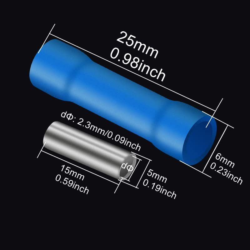 50Pcs Blue 27A AWG 16-14 Crimp Copper Tube Butt Connector, Insulated PVC Terminals for Wire Cable, Car, Family,Electrical (Blue) image number 4