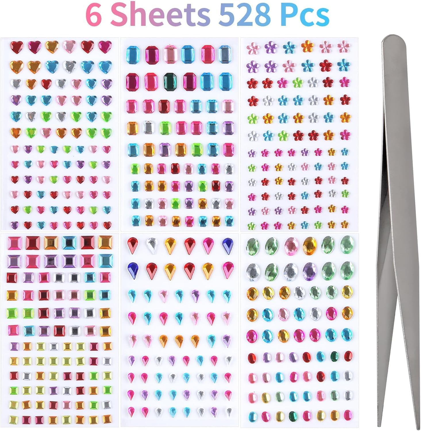 6 Sheets of Rhinestone Stickers, Self-Adhesive Rhinestones with Tweezers, Various Sizes, Self-Adhesive Rhinestones, for DIY (Pack of 528) image number 4