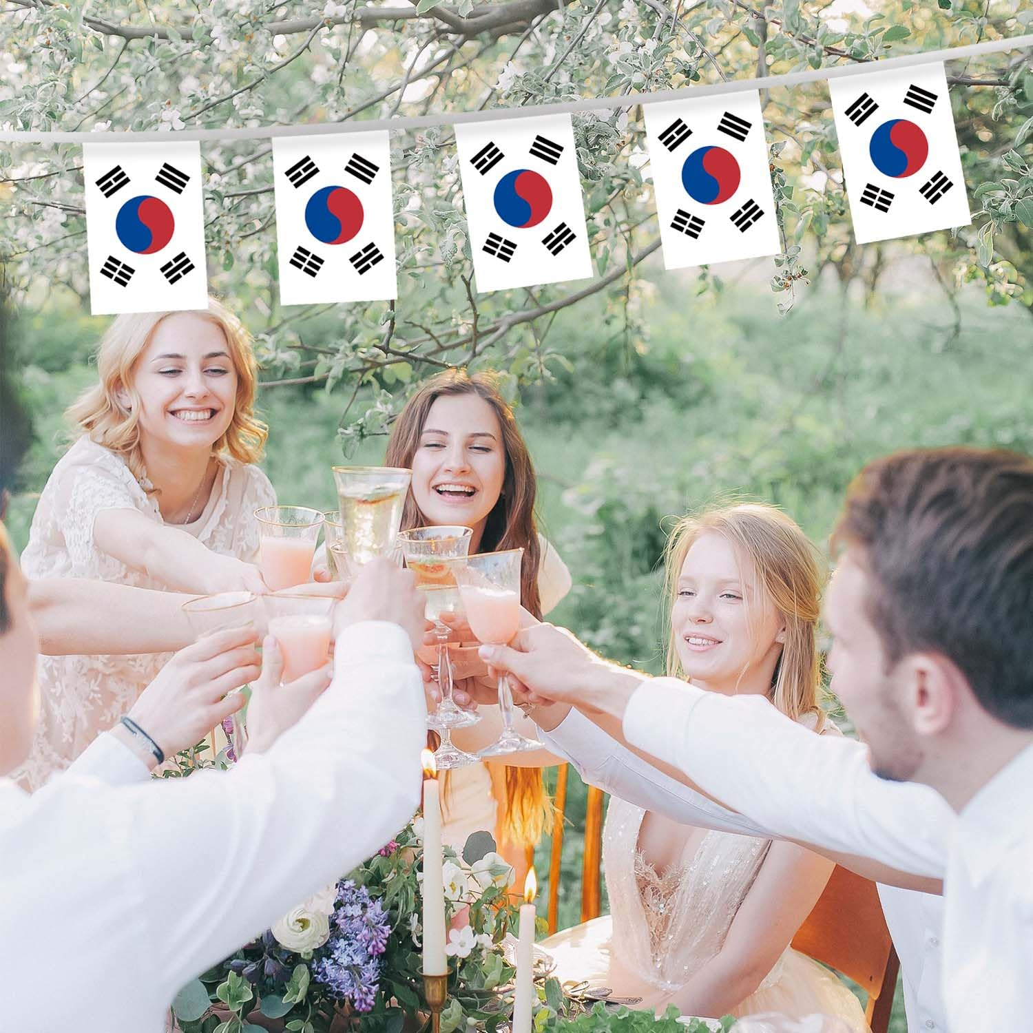 32FT Small Korea Pennant Flag Bunting,30 PCS Mini String Banner Strip South Korean National Decor Rectangle for Holiday Restaurant Home Party School